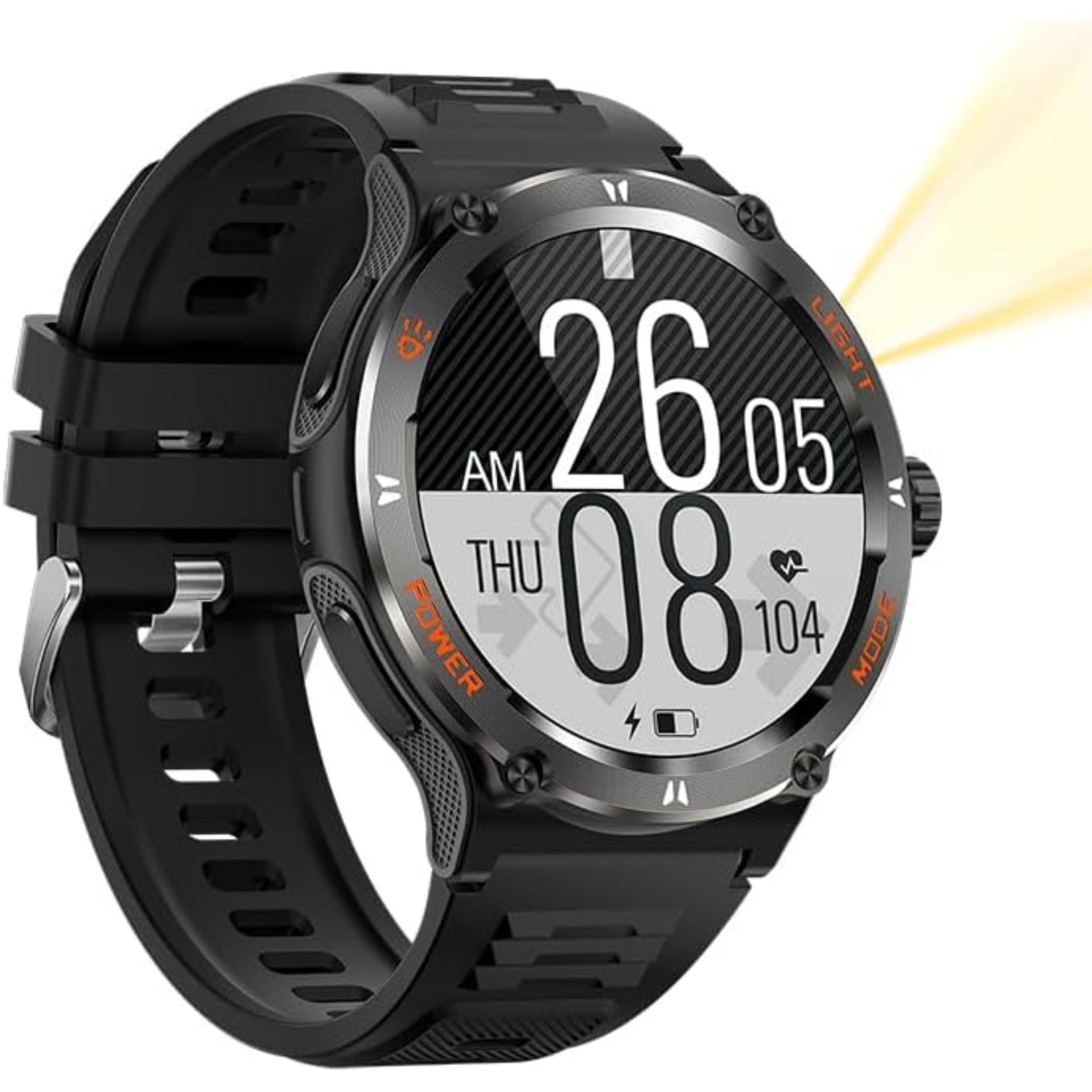 Montre Connectée Homme Sport Watch 1.53" HD 3ATM Etanche Smartwatch Militaire Boussole Torche LED Fréquence Cardiaque SpO2 Noir