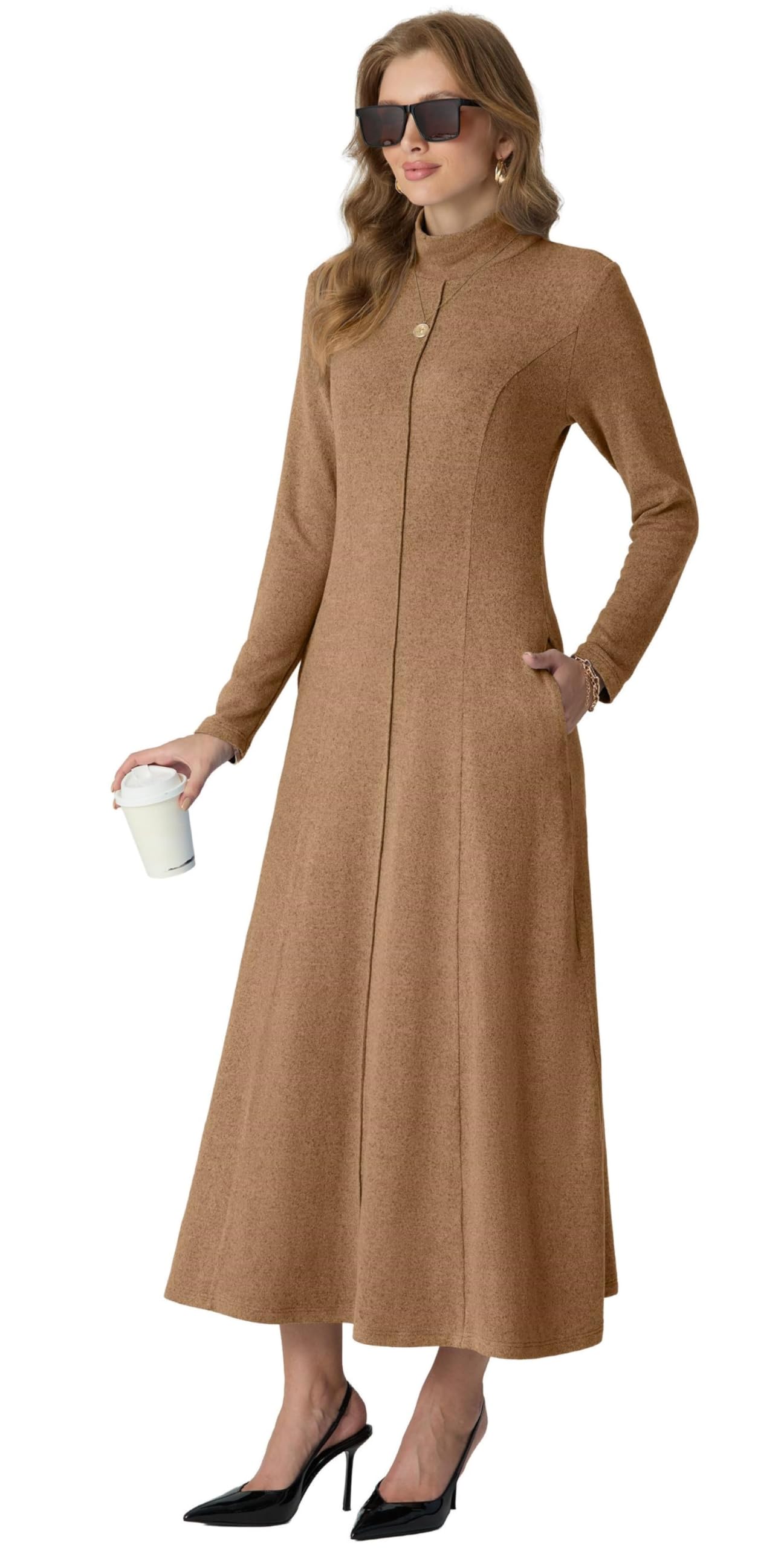 GRECERELLE Robe longue à col roulé pour femme - Manches longues - Automne - Hiver - Élégante - Décontractée - Pour le quotidien, les rendez-vous d'affaires - Extensible - Avec poches