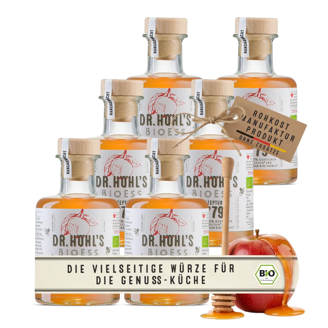 Vinagre de manzana ecológico con miel, paquete de 6 unidades: suave y natural, con madre de vinagre y miel ecológica. REZEPTUR 1779 de DR. HÖHL’S. Producto artesanal elaborado con manzanas alemanes.