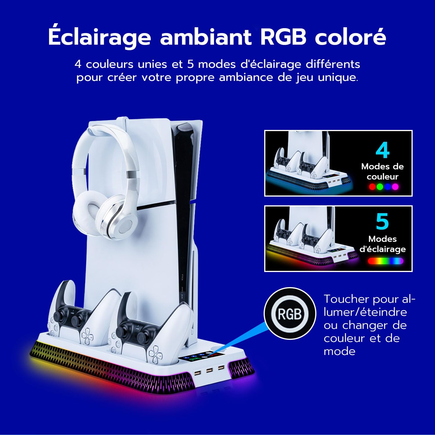 Wigearss PS5/PS5 Slim/PS5 Pro Ventilateur Station de Refroidissement, Support de Charge Vertical avec Chargeur Double pour Manettes, Lumière LED et 3 Hubs USB
