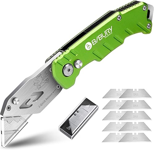 Miniatura 9 de BIBURY Cuchillo utilitario, cortador de caja plegable resistente, cuchillo de bolsillo para alfombra con 10 cuchillas adicionales de acero