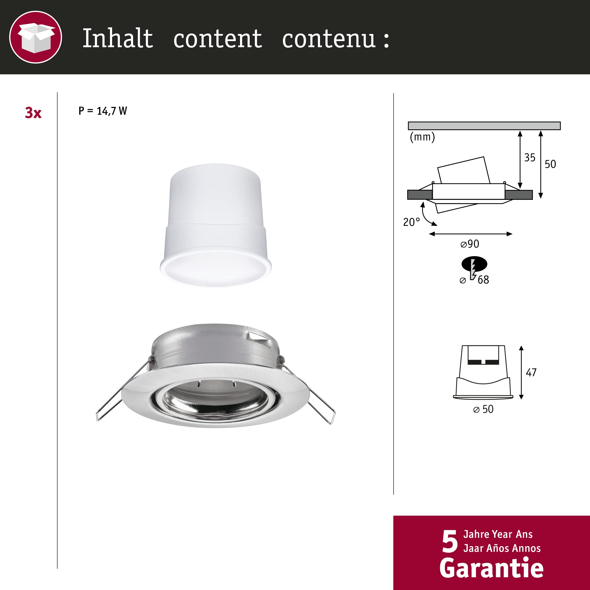 Paulmann 92467 LED Einbauleuchte Base Smart Home Zigbee Basisset schwenkbar rund 230V 3x4,9W 3x420lm dimmbar 90mm Eisen gebürstet Metall RGBW+