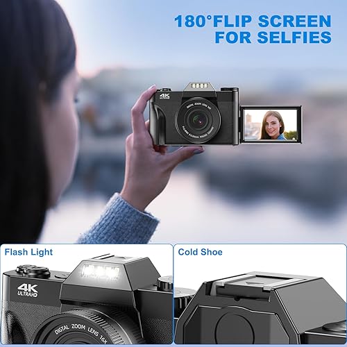 Miniatura 3 de Cámara digital 4K, cámara de vlogging de 56 MP con pantalla abatible de 3 pulgadas de 180 grados, zoom 16X de enfoque automático y cámara digital