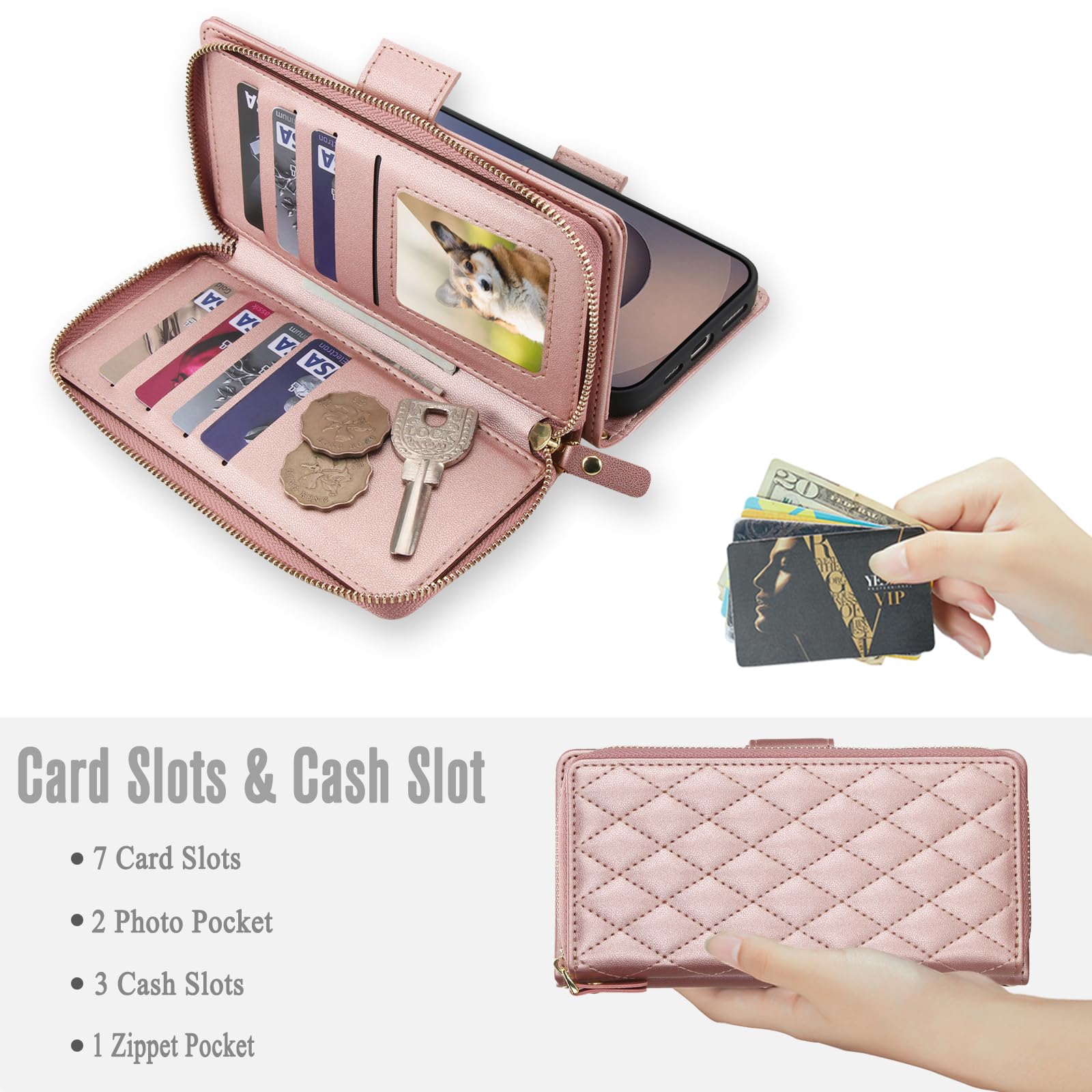 Étui portefeuille compatible avec Samsung Galaxy S24 Ultra 5G - Fermeture éclair - Protection d'écran - Bandoulière à rabat - Porte-cartes - S24Ultra 24S S 24 24Ultra - Pour homme et femme - Or rose