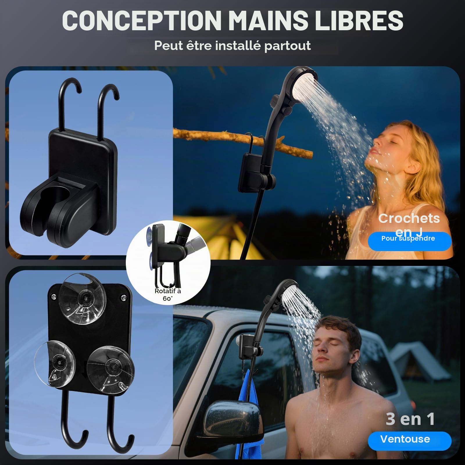 Douche portable avec chauffage, douche portable pour camping avec chauffage automatique de 2000 W, 4 modes de pulvérisation, durée de 140 minutes, affichage LED, pompe de douche portable, douche