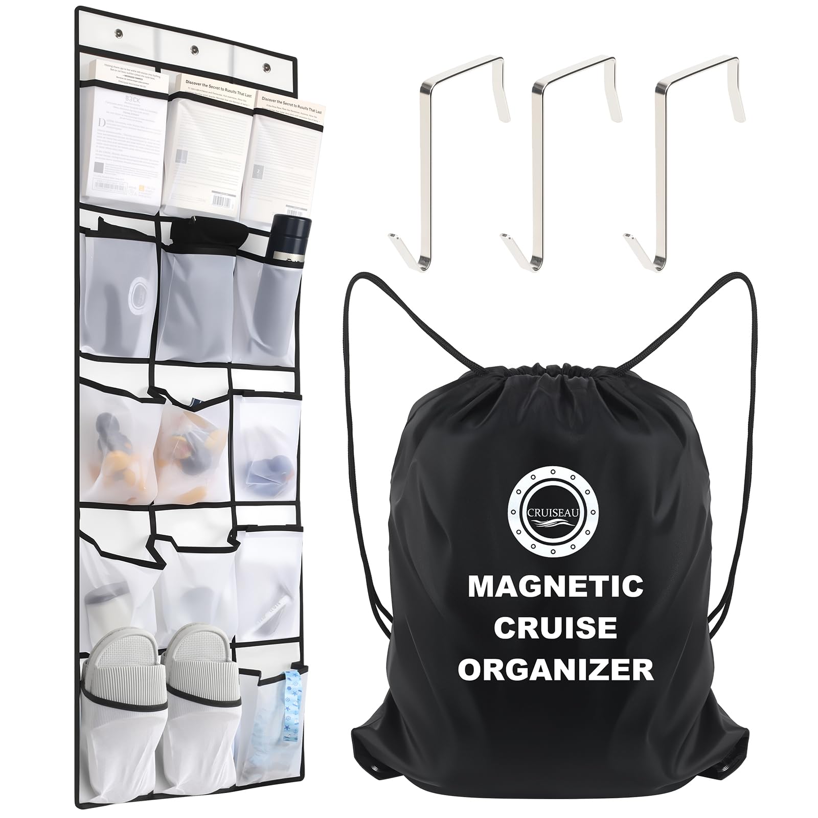 Cruise Magnetic Door Organizer with Hooks 15 Large Pockets Strong Anti-Scratch Magnets Over-the-Door Cruise Essentials Storage for Cruise