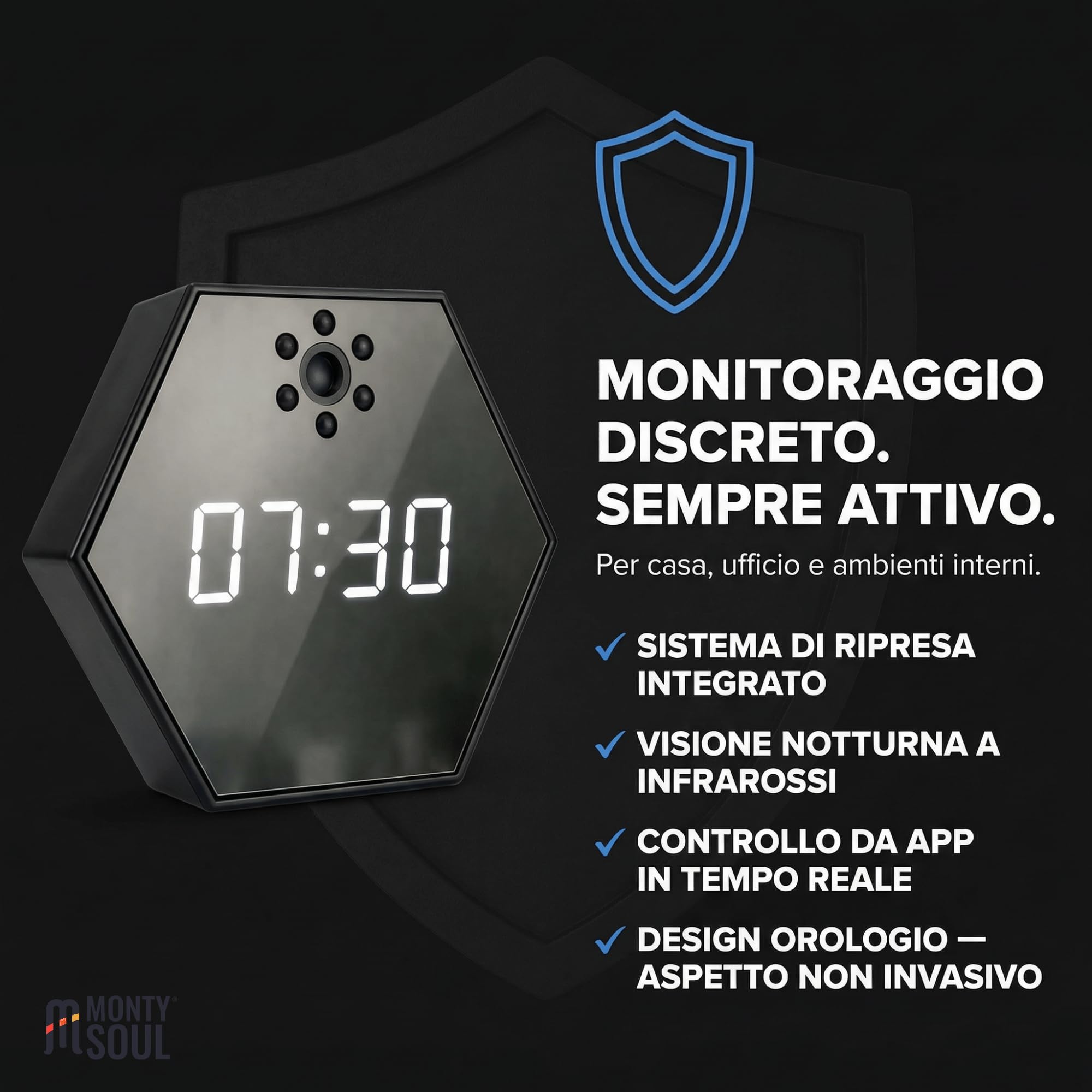 Orologio Sveglia Digitale con Telecamera Wi-Fi – Videosorveglianza Discreta per Casa e Ufficio – Controllo da App, Visione in Tempo Reale