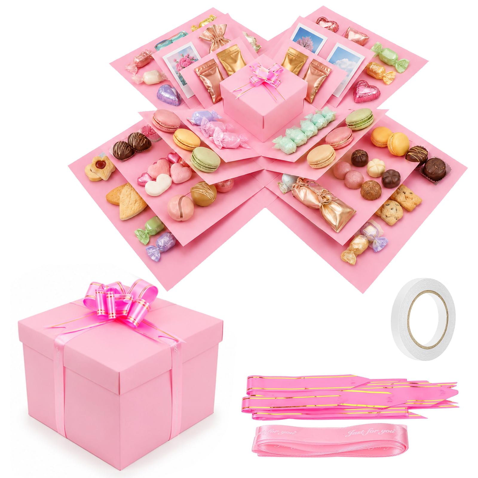 Creative 5 Layer Explosion Gift Box, Pink DIY Sweets Gift Box with Ribbon and Double-Sided Tape, Surprise Box for Anniversary Birthday Valentine's Day Wedding