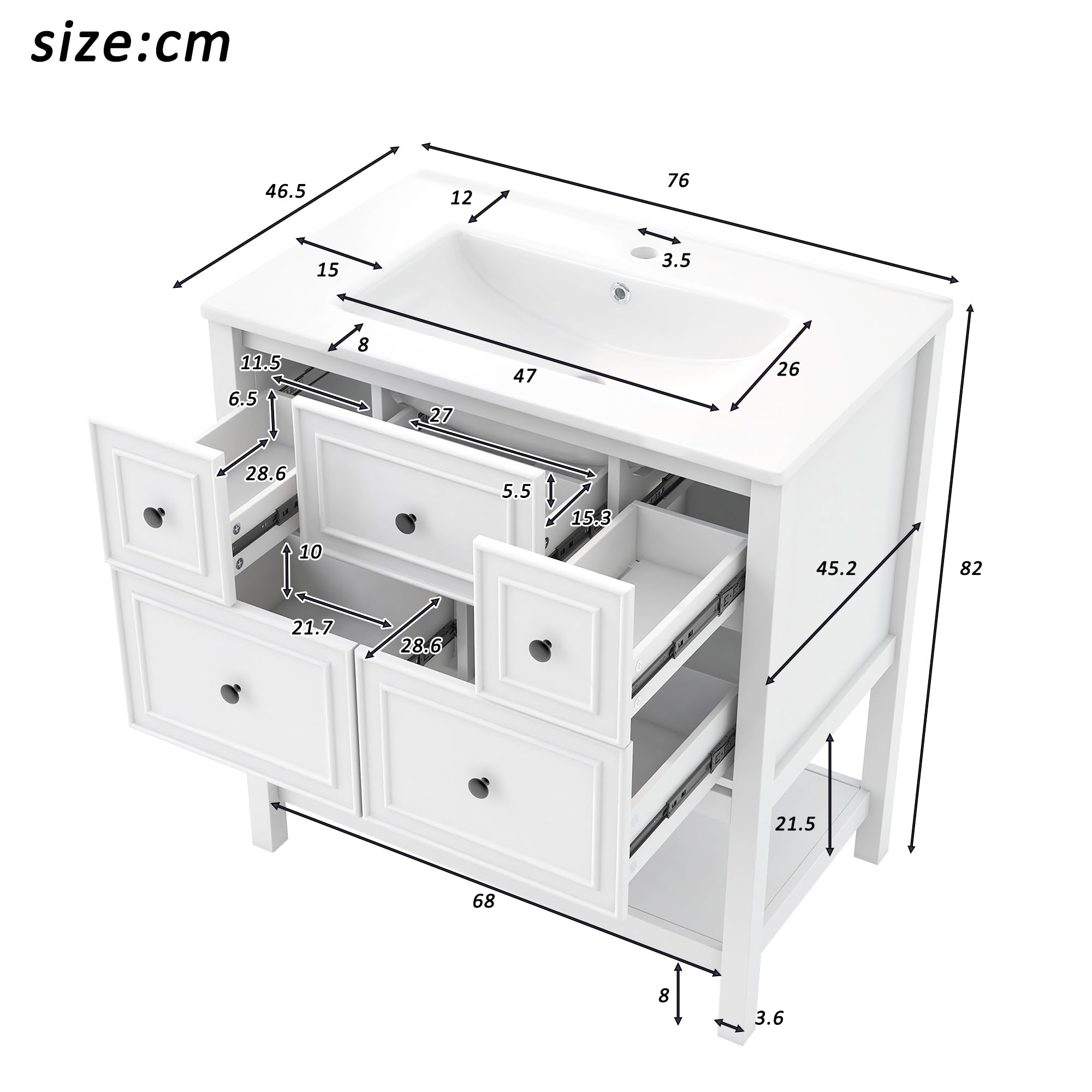 Mobile sottolavabo bianco con lavabo in ceramica, 76 cm, autoportante, con 5 cassetti e ripiano aperto, per bagno di casa e WC degli ospiti