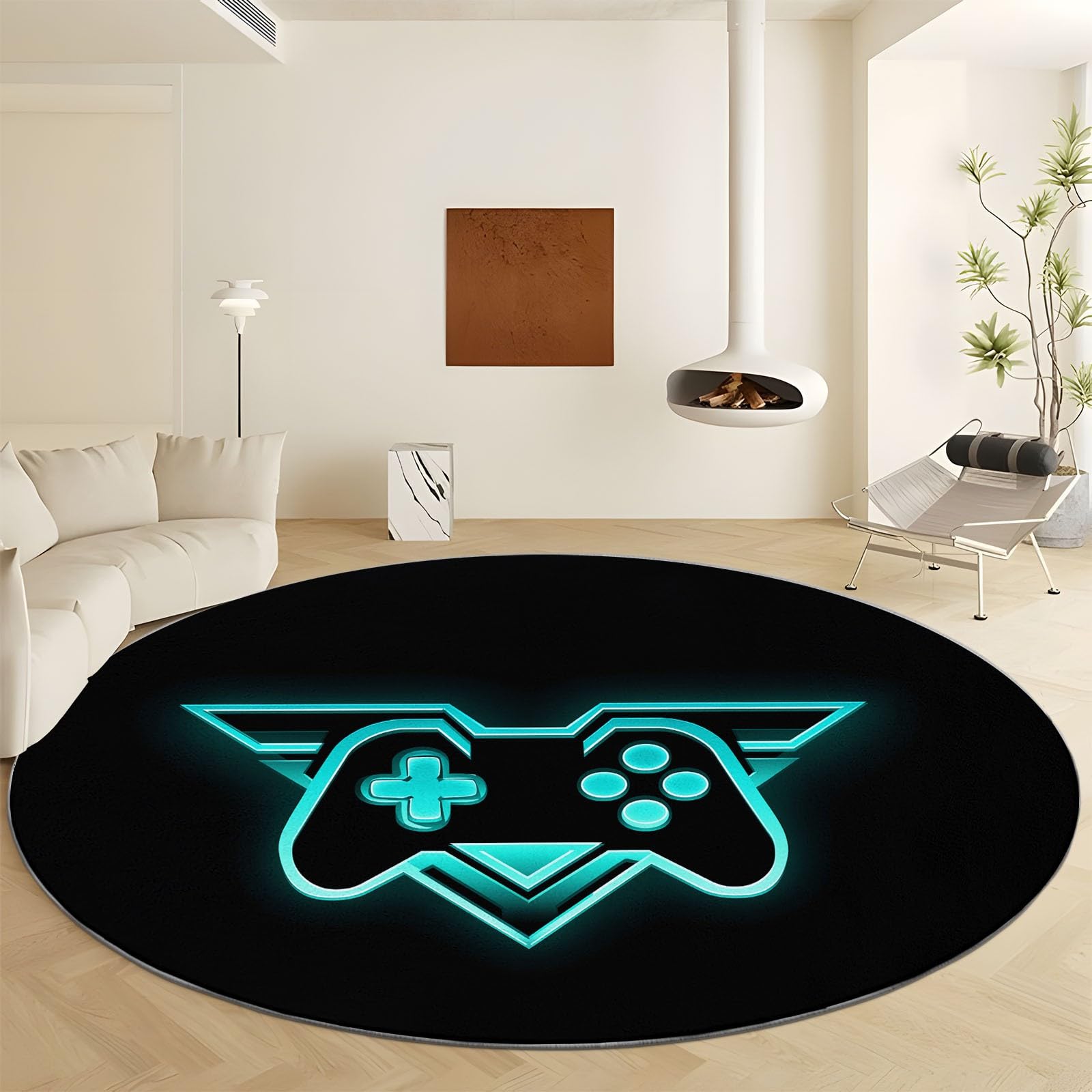 Generisch Teppich Game Controller Rund Ø 120 cm Weich und Flauschig Teppich, rutschfest Waschbar Schwarz Bedruckt Bodenteppich - Pflegeleicht für Wohnzimmer Schlafzimmer Terrasse