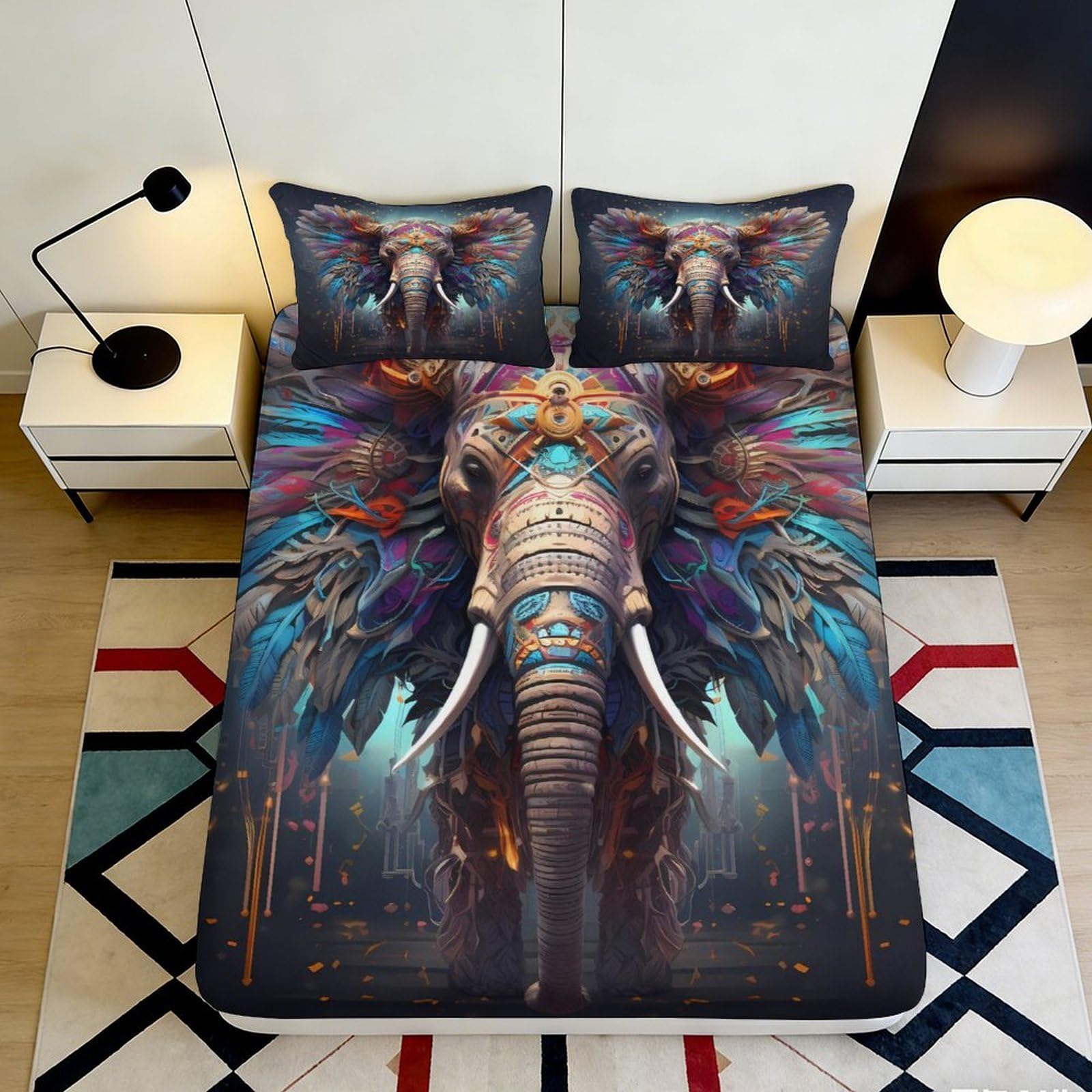 3D Printed Colorful Elephant Fitted Sheet Microfiber Soft Breathable Tribal Elephant Bed Cover for Bedroom Dormitory Guest Room Mattress Protection 200x200x25cm