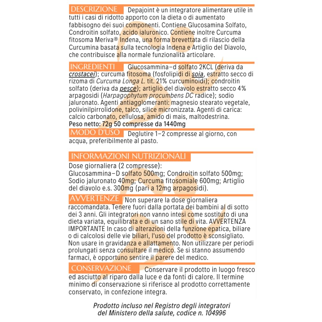 Depajoint 50 cpr - integratore con glucosammina, condroitin solfato, acido jaluronico, curcuma e artiglio del diavolo. Indicato per il benessere articolare.