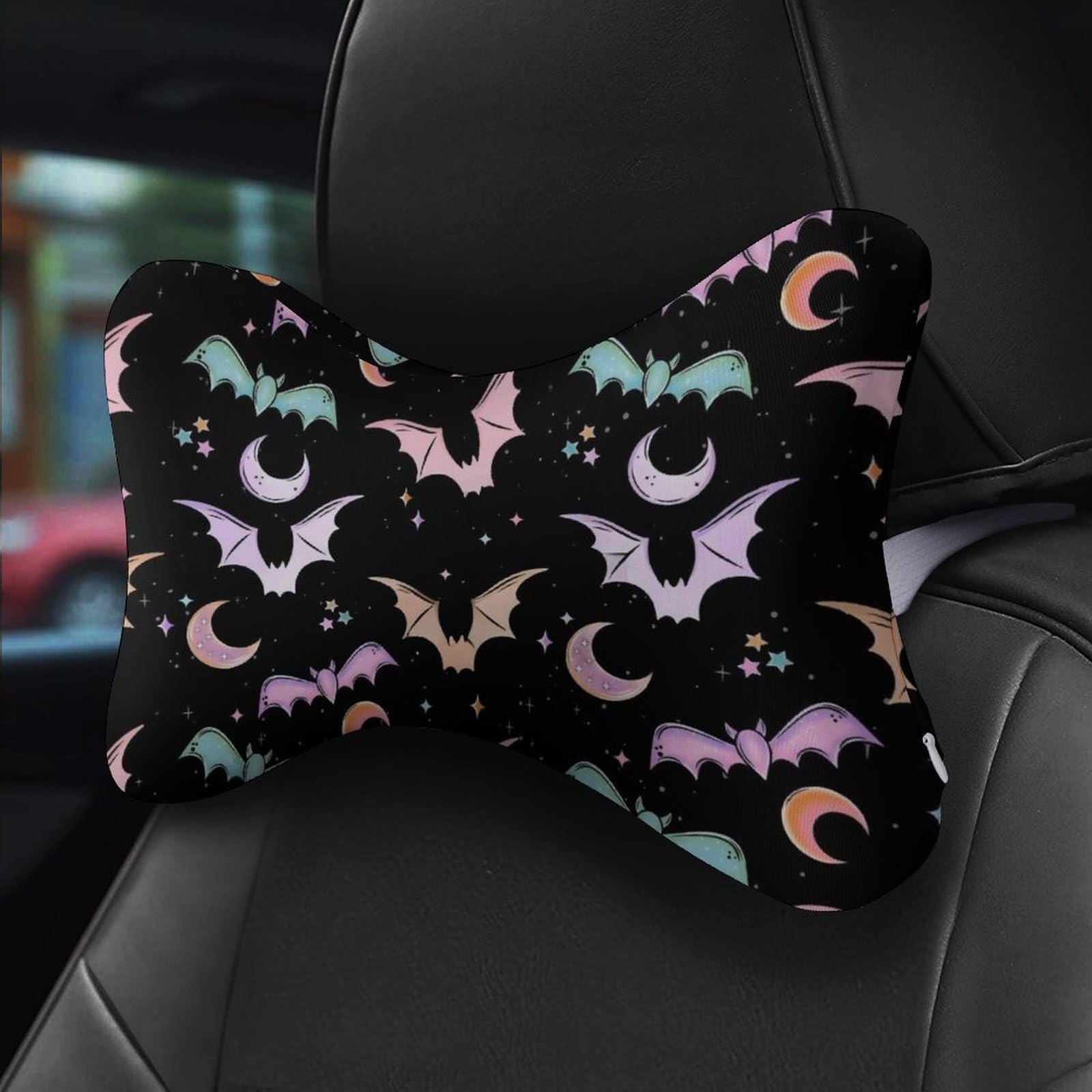 SMAZDFXX Colorful Bats Halloween Car Neck Pillow Set of 2 Car Seat Head Support Cushion Bone Pillows with Elastic Strap