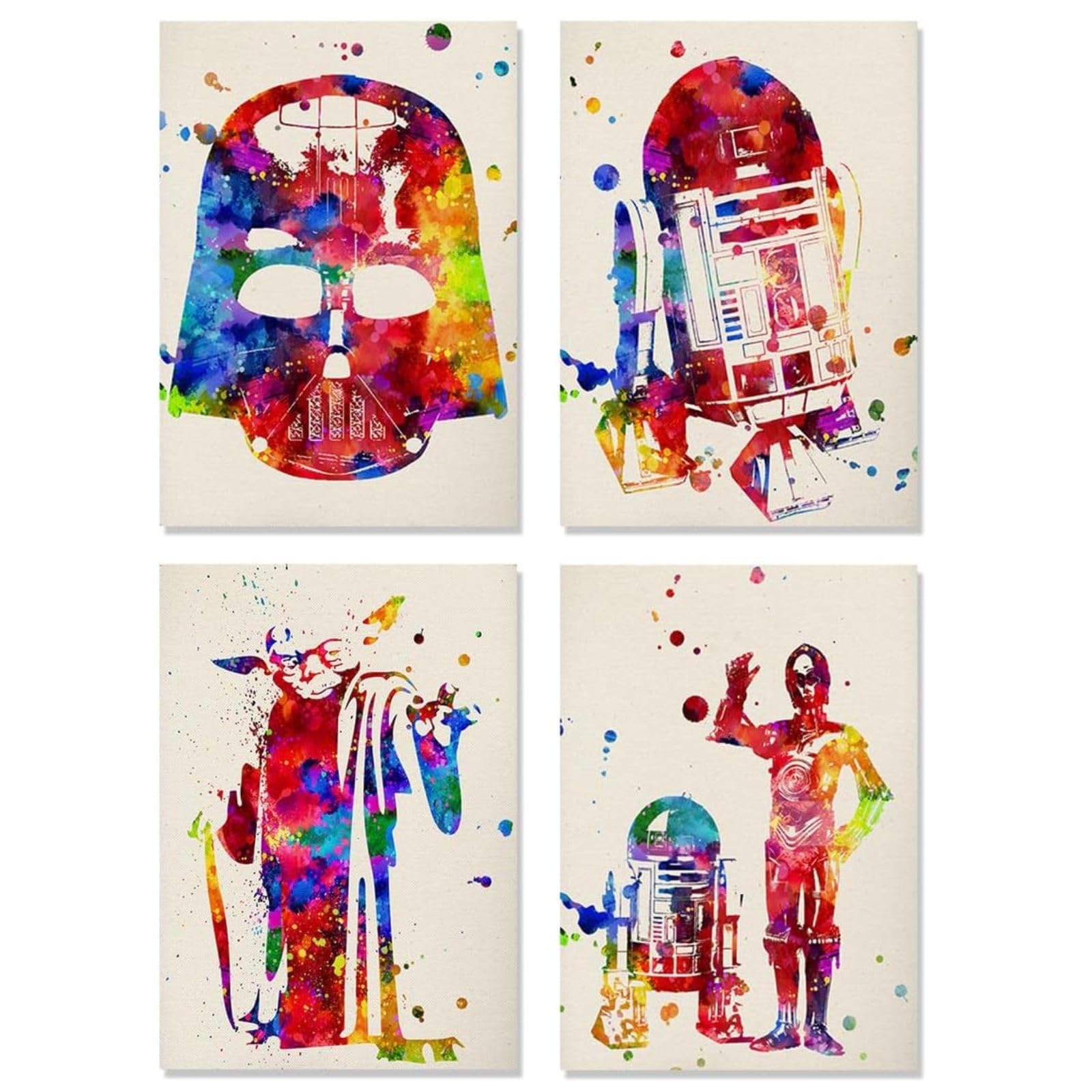 Nacnic set of 4 watercolor star wars posters | Colourful prints of Darth Vader, Yoda, R2-D2 and C3PO | Size a4