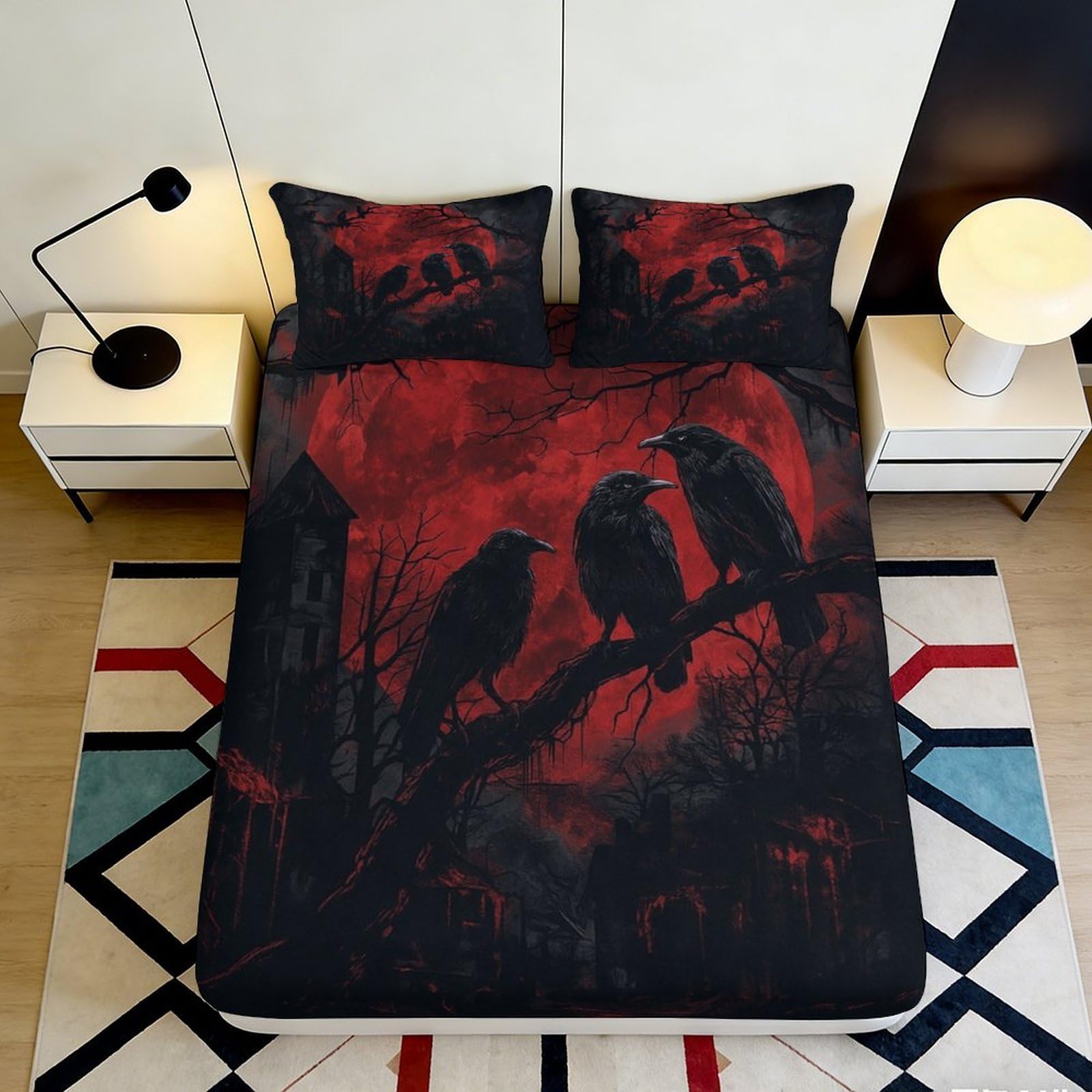 3D Printed Gothic Raven Fitted Sheet Microfiber Red Black Crow Night Mattress Cover Bedroom Dorm Decor 90x200x25cm