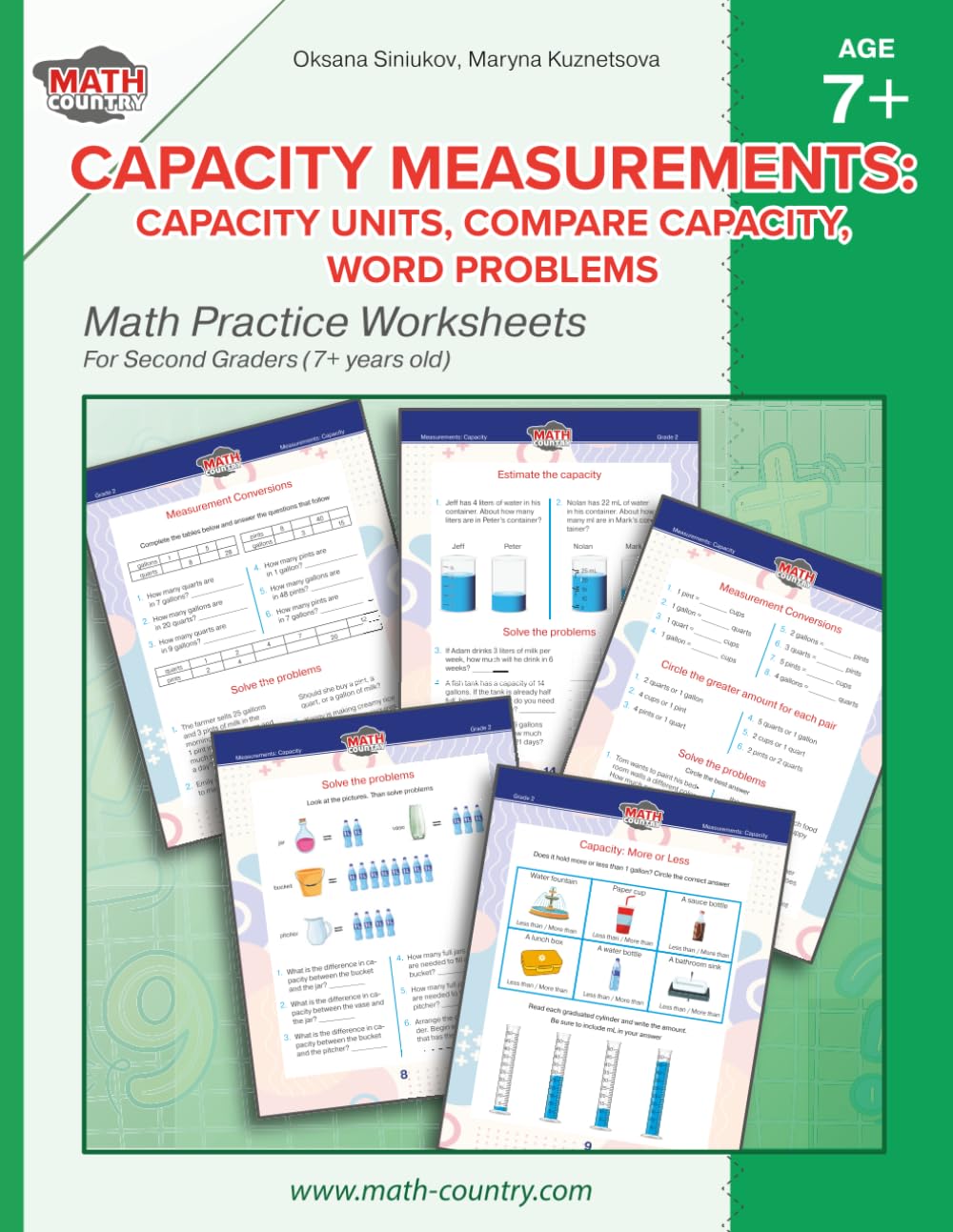 Capacity measurements: capacity units, compare capacity, word problems: Math practice worksheets for 2-nd graders (7+ years old) (Math Worksheets 2nd grade (age 7+))