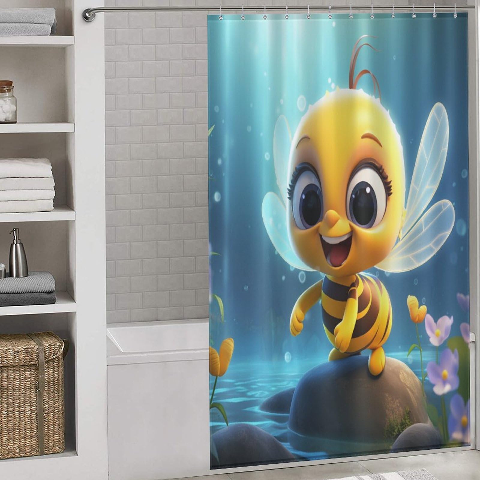Rideau de douche tissu polyester lavable imperméable motif abeille 140x183 cm