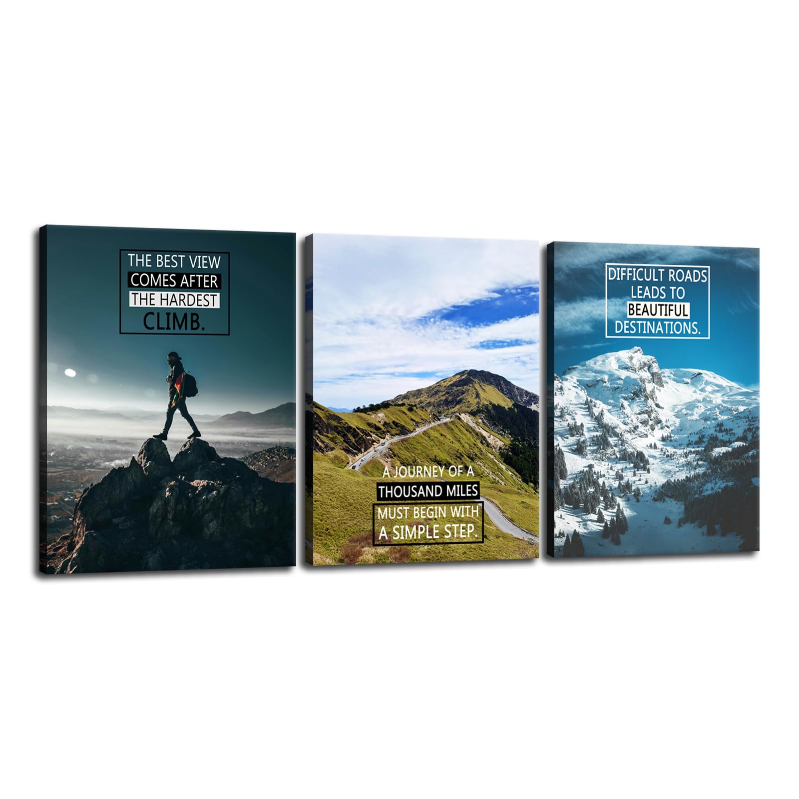 FHBWART 3 Piece Motivational Mountain Wall Decor Inspirational Canvas Wall Art Prints The Best View A Journey of a Thousand Miles Difficult Roads Nature Themed Office Bedroom Framed(12"x16"x3pcs)