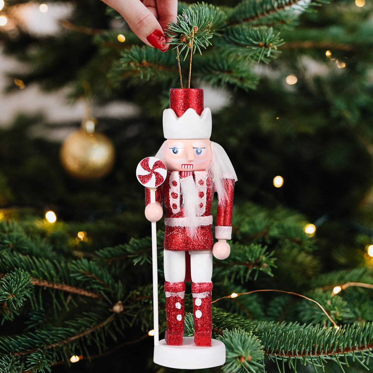 BESPORTBLE Christmas Nutcrackers Ornaments Set, Glitter Wooden Soldier Figurines 5 Inch Red Nutcracker Hanging Decoration Christmas Nutcracker Table Decorations Holiday Xmas Tree Decor