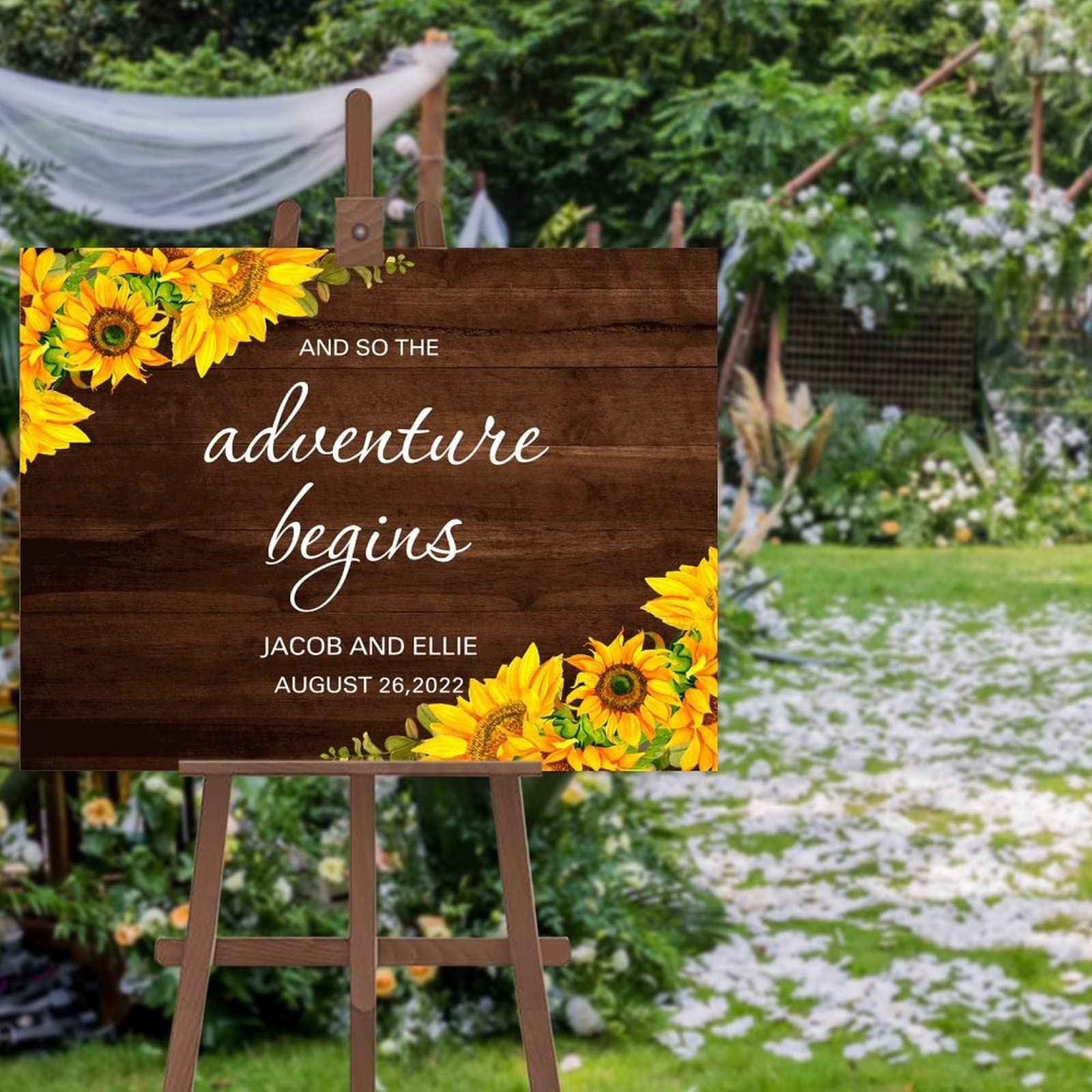 Rustykalny znak powitalny ślubny 'And So The Adventure Begins' drewniany znak ślubny personalizowane inicjały ustanowiona data dekoracja drewniany znak przyjęcie weselne plakat na ceremonię zaręczyny