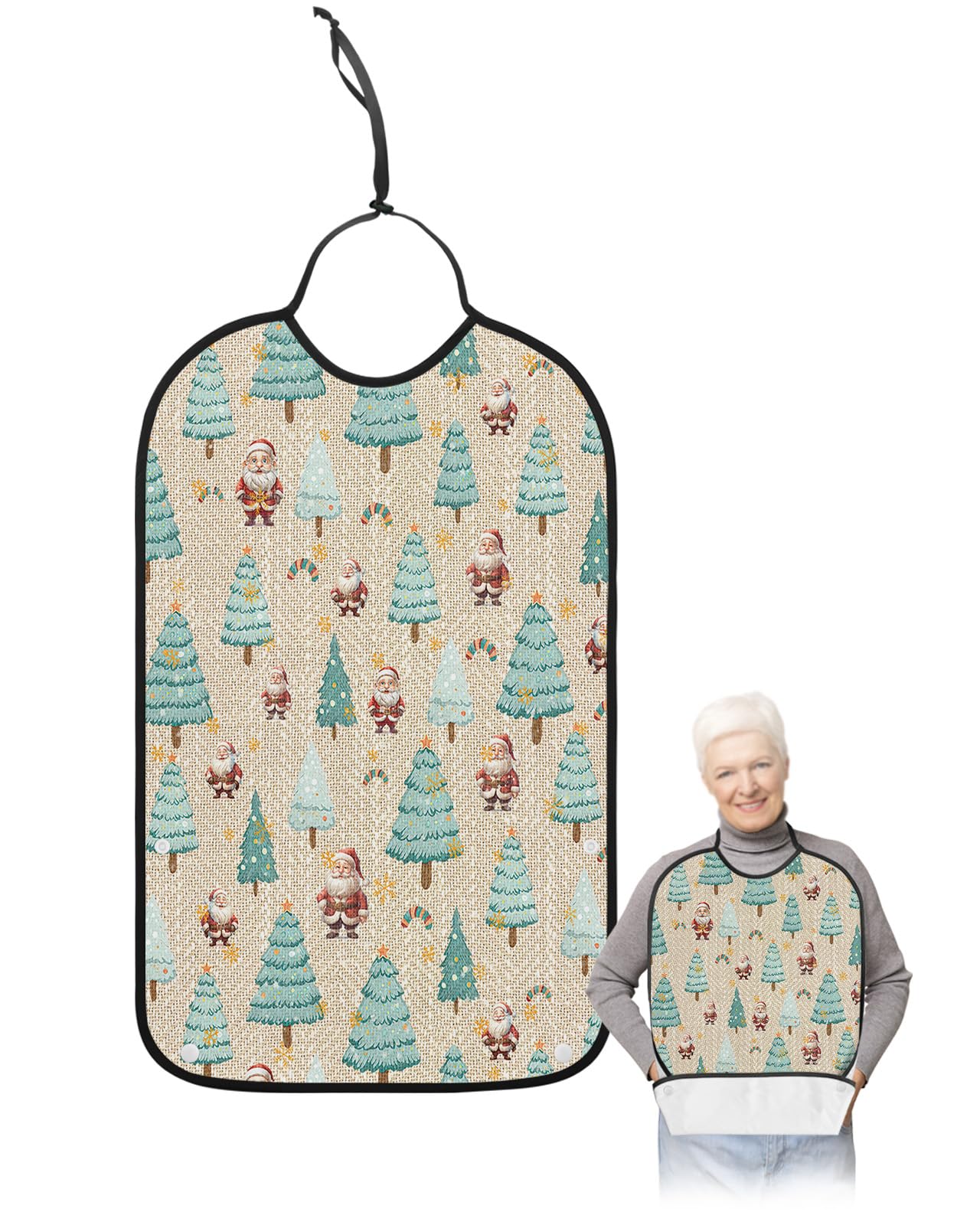 Christmas Adult Bibs for Eating, Waterproof Bibs with Food Catcher & Adjustable Snap Closure, Xmas Tree Santa Winter Snowflake Rustic Washable Clothing Protectors Adult Bibs for Elderly Women/Men