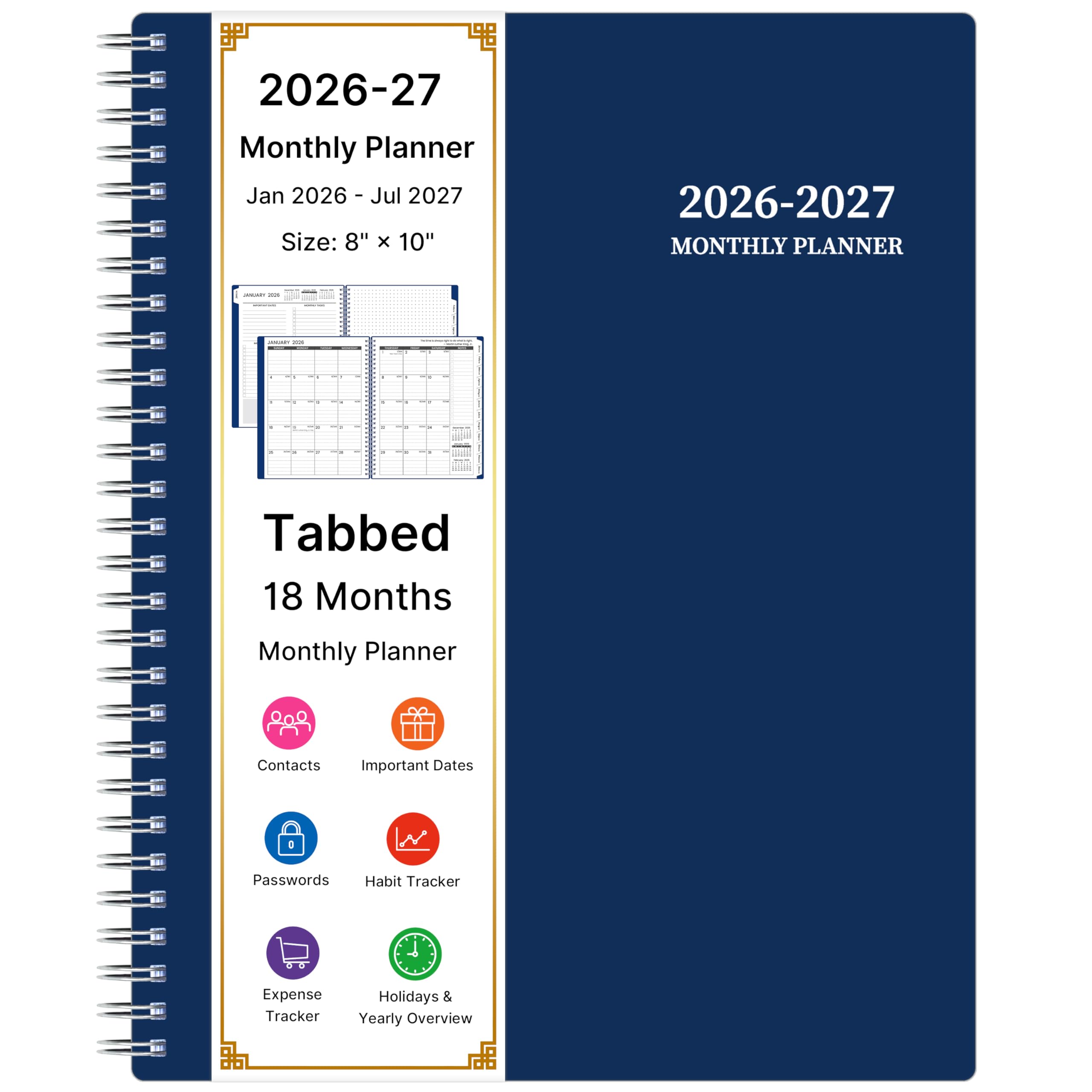 Photo 1 of 2026-2027 Monthly Planner, 18 Monthly Calendar Planner, January 2026 - June 2027, 8’’ x 10’’, 2026 Spiral Agenda with Tabs ?Pocket, Flexible Cover, Organizer Notebook for Office Home School, Blue