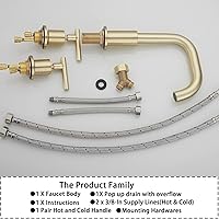 Vista 9 de GGStudy Caño giratorio de 360°, 2 asas, 3 agujeros, 8 pulgadas, grifo de lavabo de baño de oro cepillado a juego con drenaje desplegable