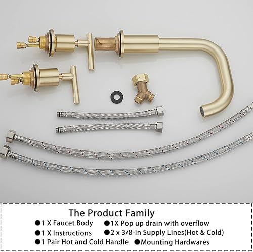 Miniatura 9 de GGStudy Caño giratorio de 360, 2 asas, 3 agujeros, 8 pulgadas, grifo de lavabo de baño de oro cepillado a juego con drenaje desplegable