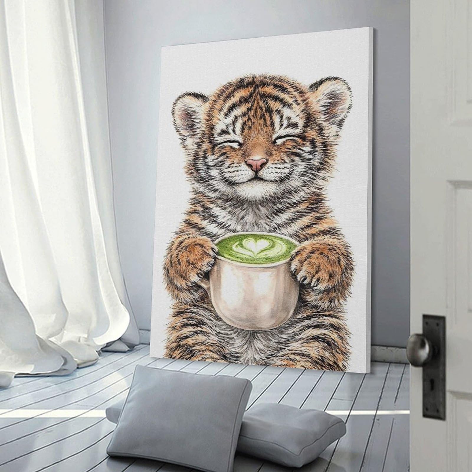 Junmoney Cute Tiger Cub with Matcha Latte Canvas Wall Art, 12x18inch(30x45cm), for Workspace Walls, Study Corners Or Bedrooms, An Interior Accent for Desk Areas