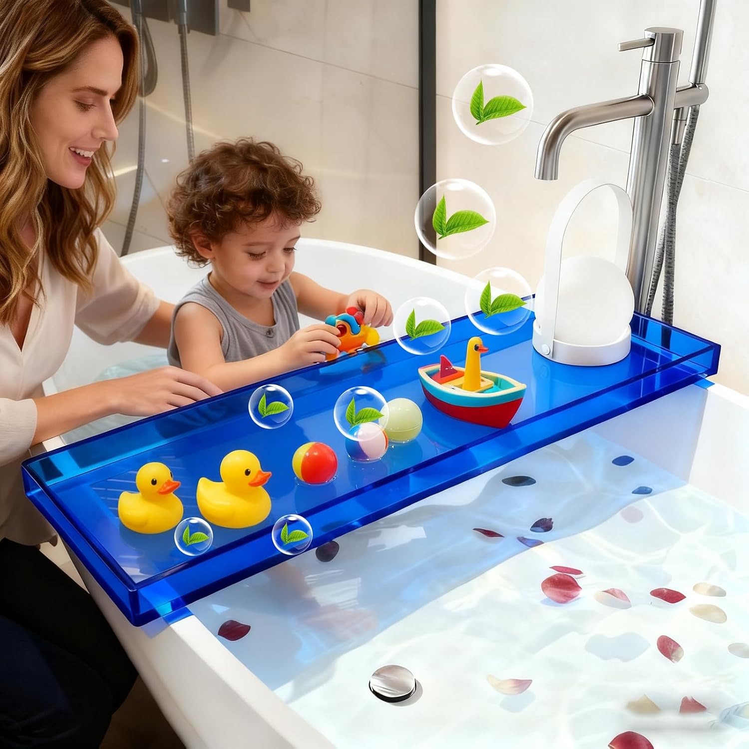 Bathtub Tray Table, Clear Acrylic, Anti-Slip Bath Caddy (Blue, L32.3 x W7.87 x H1.18)
