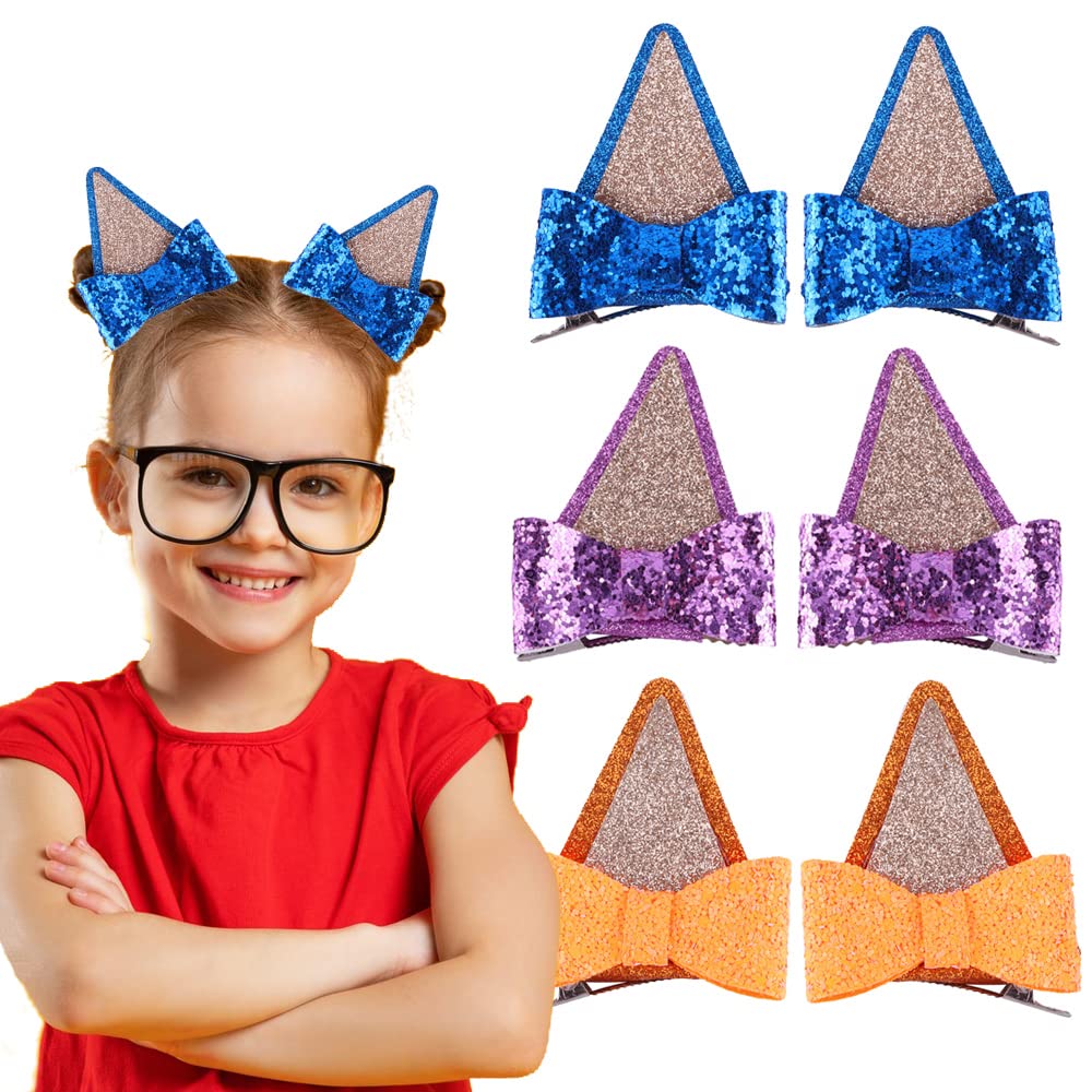 6PCS Dog Ears Hair Clips Sequins Hair Bow Barrettes Glitter