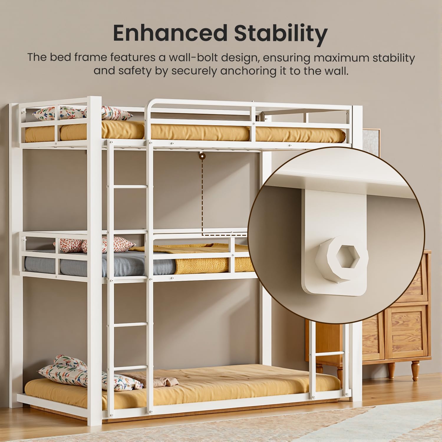 Metal Triple Bunk Bed, Twin Over Twin Over Twin Heavy Duty Bunkbeds, Full-Length Guardrail Family-Friendly for All Ages, Bedroom, No Box Spring Needed, Easy Assembly, White