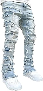 Men's Ripped Distressed Destroyed Slim Fit Straight Leg Denim Jeans