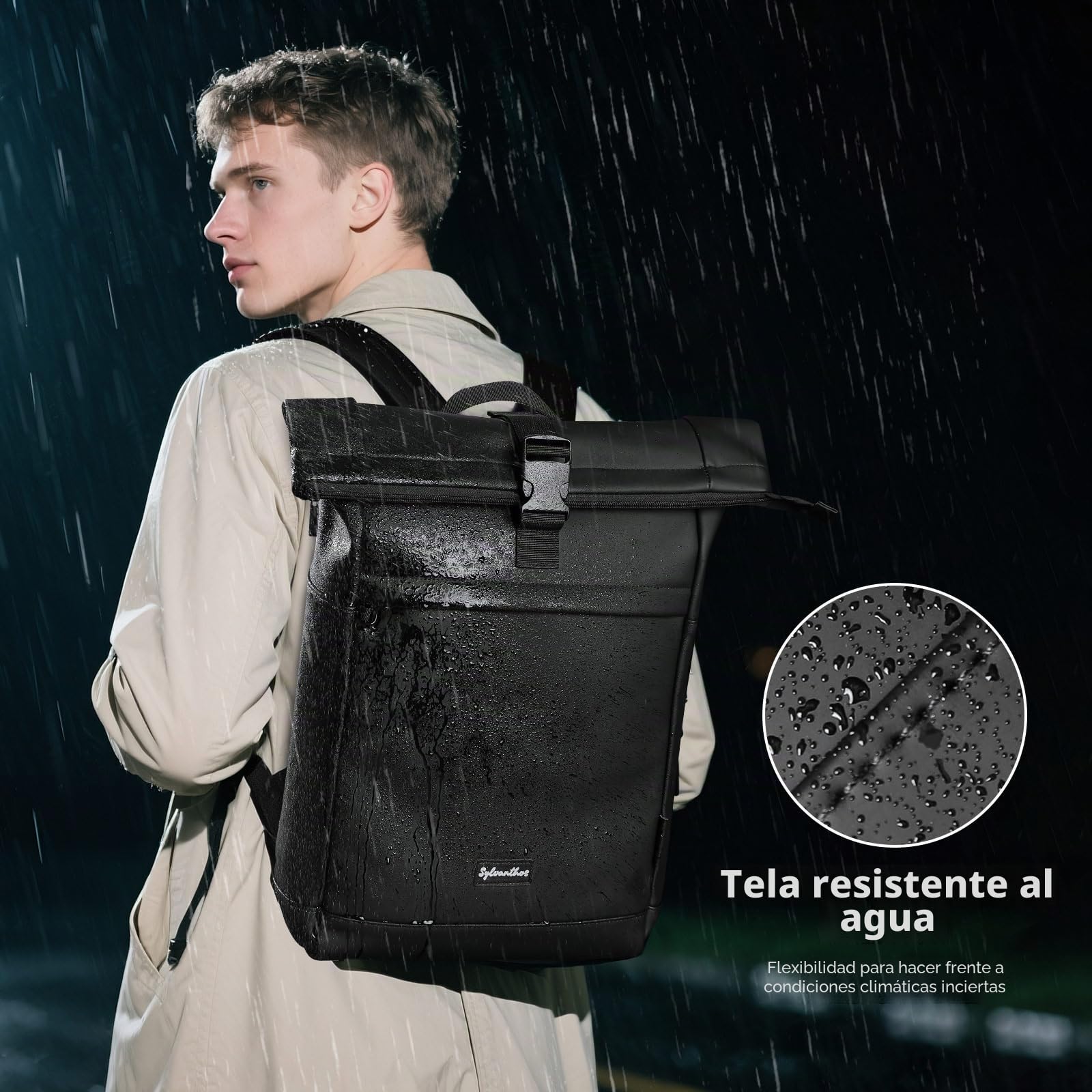 Mochila Enrollable, Mochila Impermeable Antirrobo para Hombre Mujer, Mochilas Roll Top Expandible 18-25L, Mochilas Portatil para Viajes, Trabajo, Escuela y Negocios - Negro