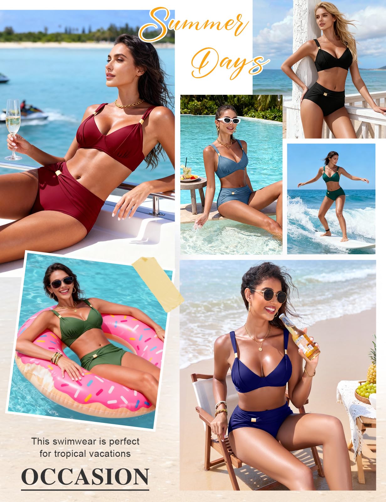 Bikini Mujer Cintura Alta Diseño Envolvente Tirantes Ajustables Top con Aro Extraíble Bañador Playa