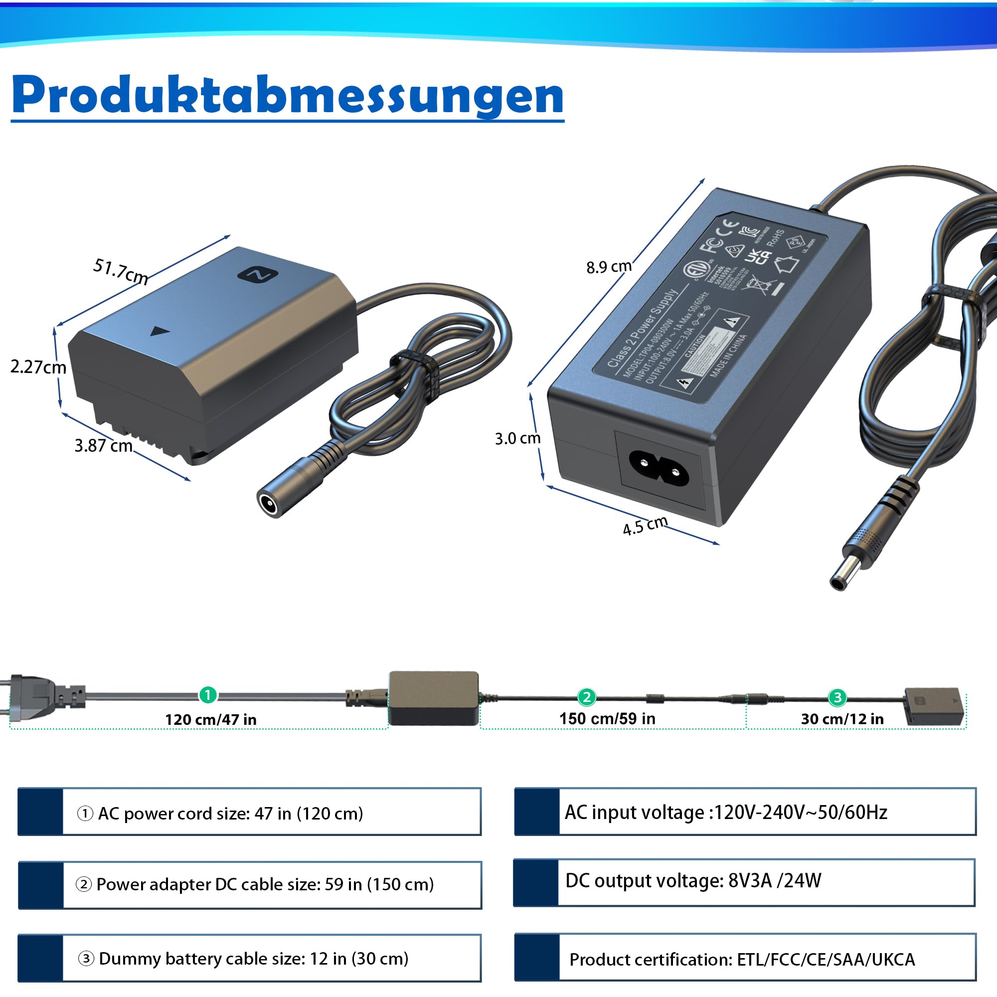 NP-FZ100 AC-Netzadapter/DC-Koppler Dummy Batterie-Kit, für Sony A6600, A6700, ZV-E1, ZV-E10II,A7III,A7SIII,A7C,A7IV,A7R III,A7RIV,A7CR,A7C II,A7RV,Alpha 9,A9II,A9III,A9R,A9S Kamera