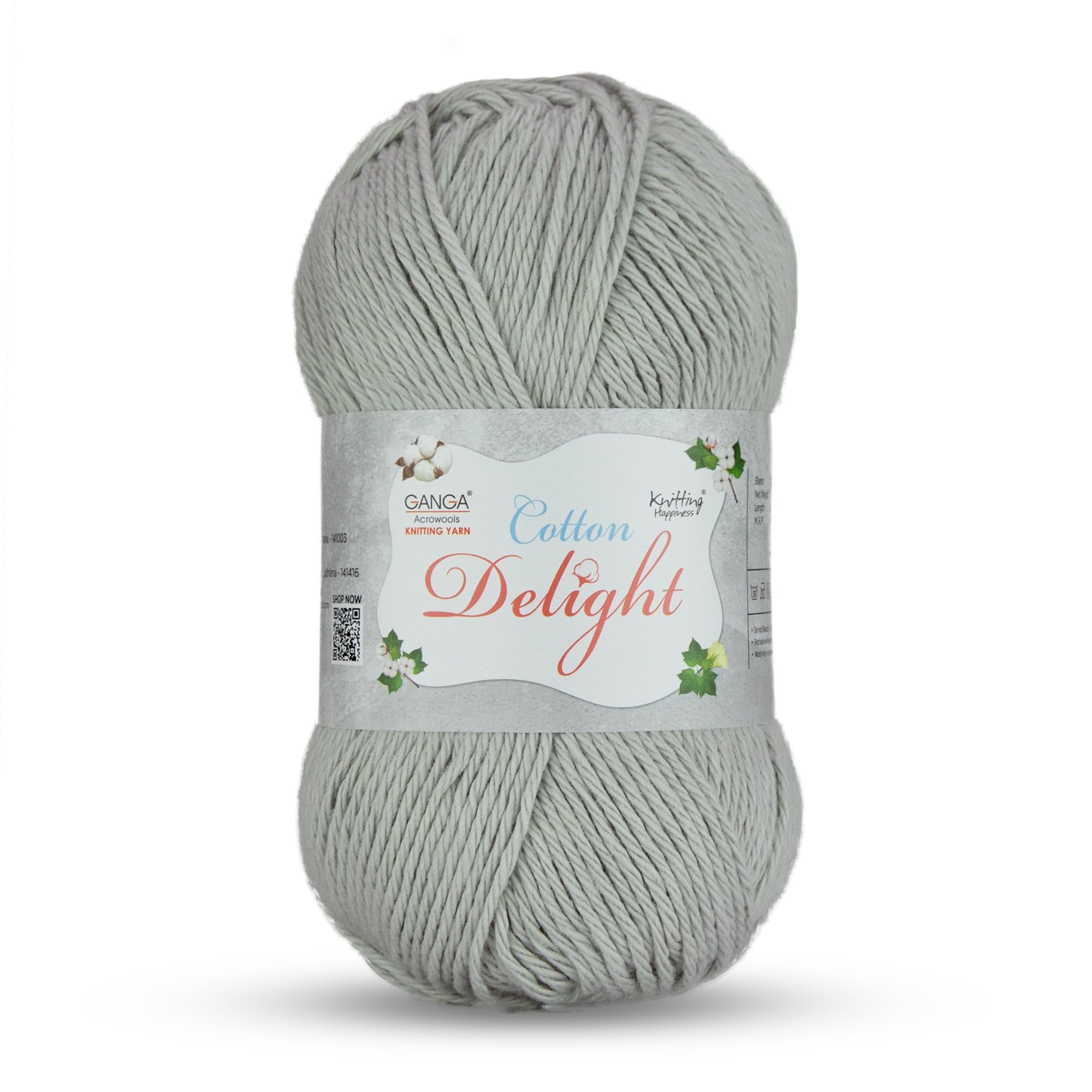 Ganga Acrowools Cotton Delight, Dk Weight Cotton Yarn, Oekotex Class L Certified 100G, 169M, Pack of 1 Ball - 100gm Each, Shade No. - COD039 - Light Grey