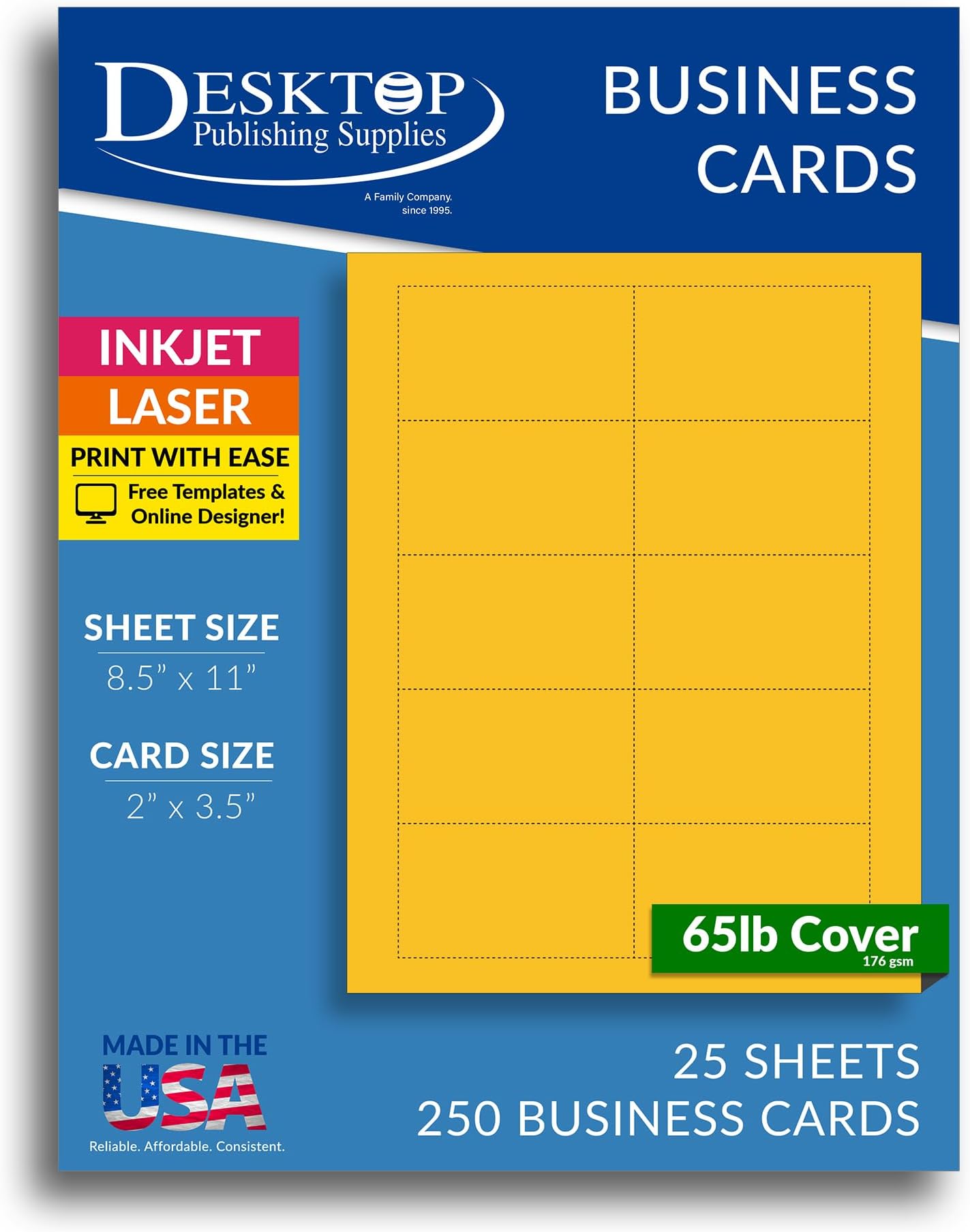 Dandelion Yellow Business Card Sheets - 25 Sheets / 250 Business Cards - For Inkjet & Laser Printers - 10 per sheet - 65lb Cover (176 gsm) Cardstock