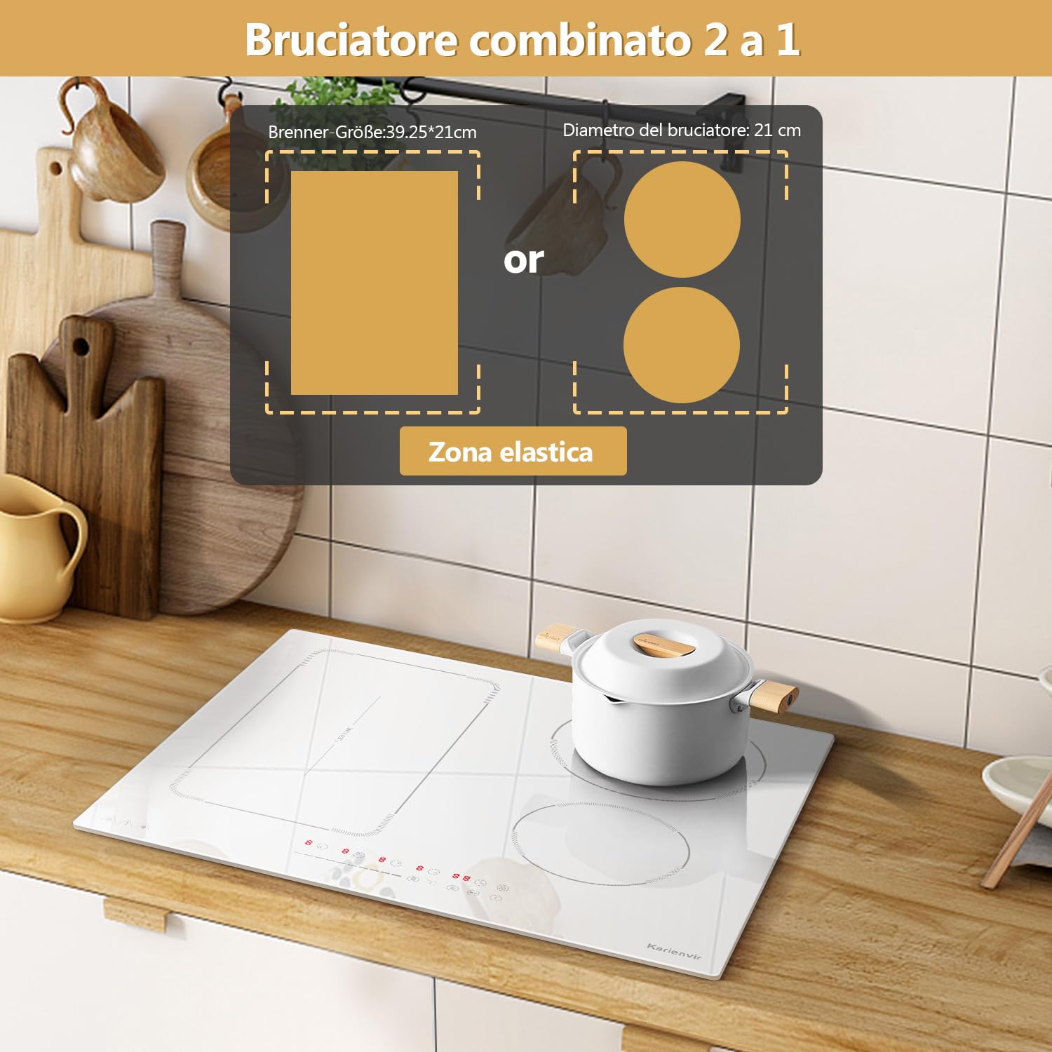 Karienvir Piano Cottura Induzione 4 Fuochi Bianco con Spina, Piano cottura a induzione 60 cm con Flex Zona, Blocco di sicurezza, Pausa, Booster, Timer di 99 minuti, 3500 W