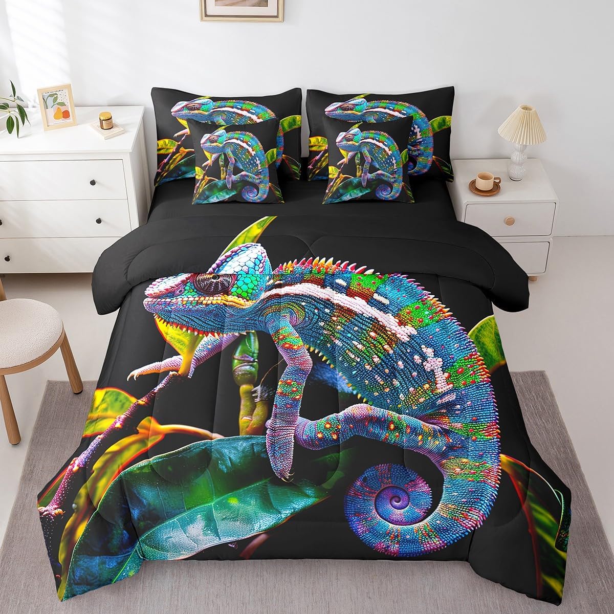 Erosebridal 7 Piece Chameleon Comforter Set Full Colorful Lizard Bed in A Bag Wildlife Sheet Set for Kids Boys Adults,Jungle Leaves Animal Bedding Set Reversible Black Bed Set