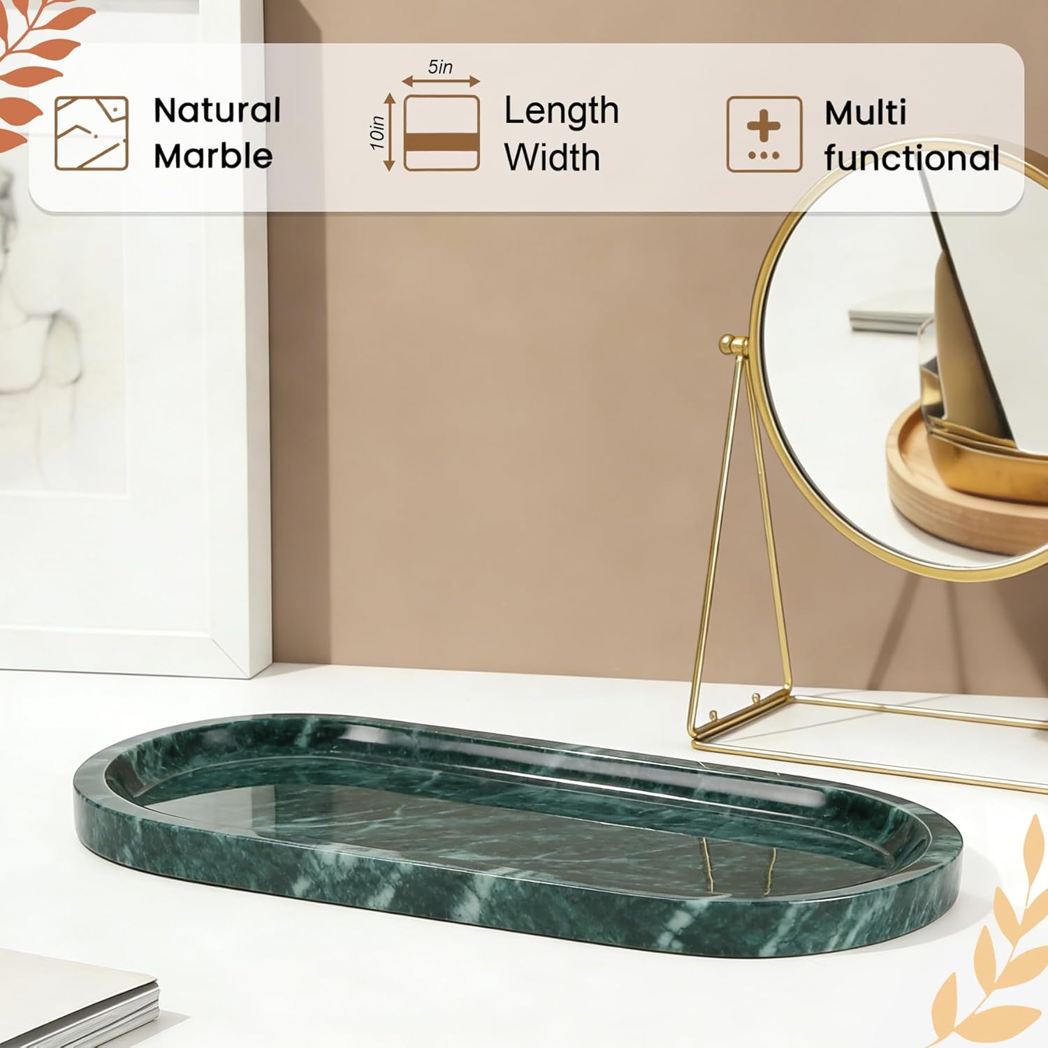 Natural Marble Tray, Green Stone Tray, Vanity Decorative Tray for Countertop, Catchall for Perfume, Candles, Skincare, Jewelry Dish, Bathroom Tray, Hotel Supplies