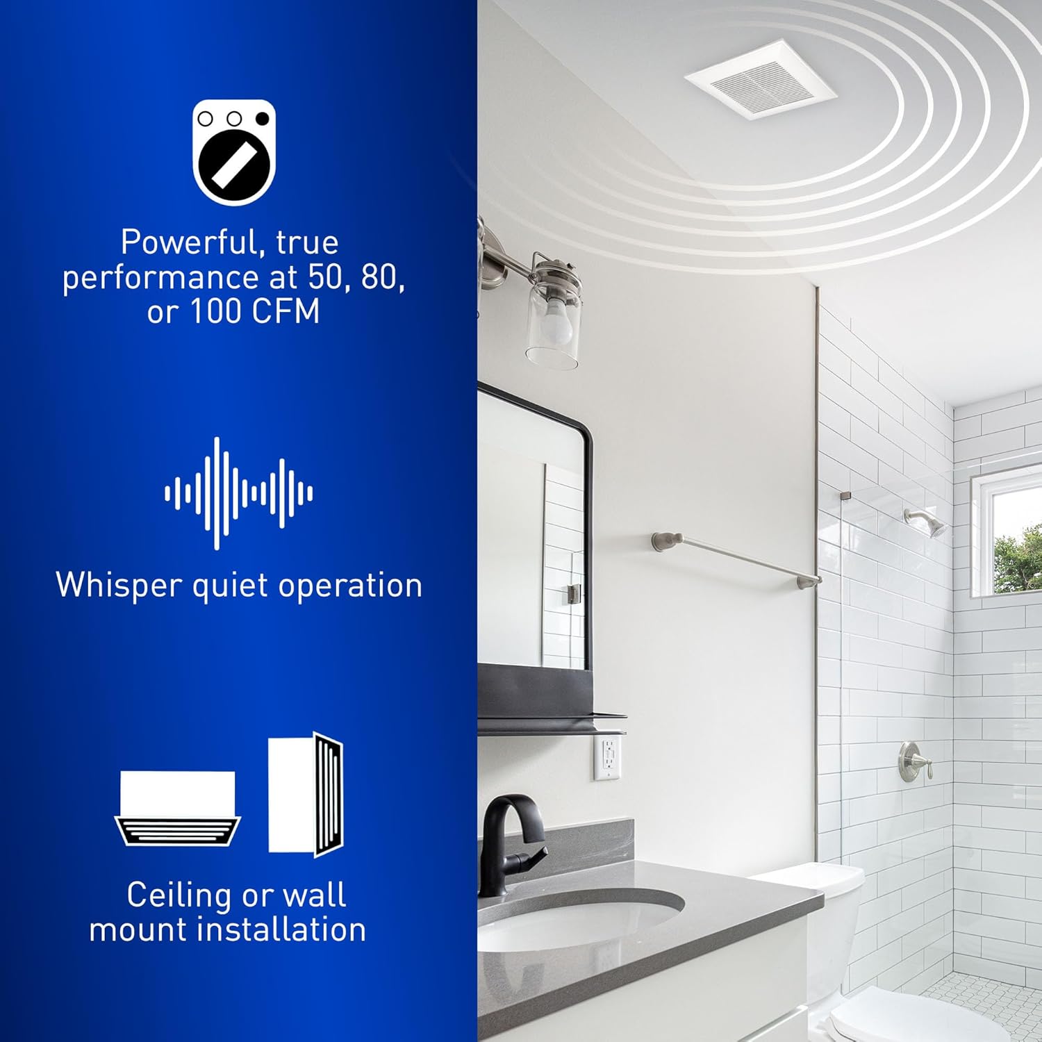 Panasonic WhisperValue Ceiling/Wall Mount Bathroom Exhaust Fan, 50-80-100 CFM, FV-0510VS1