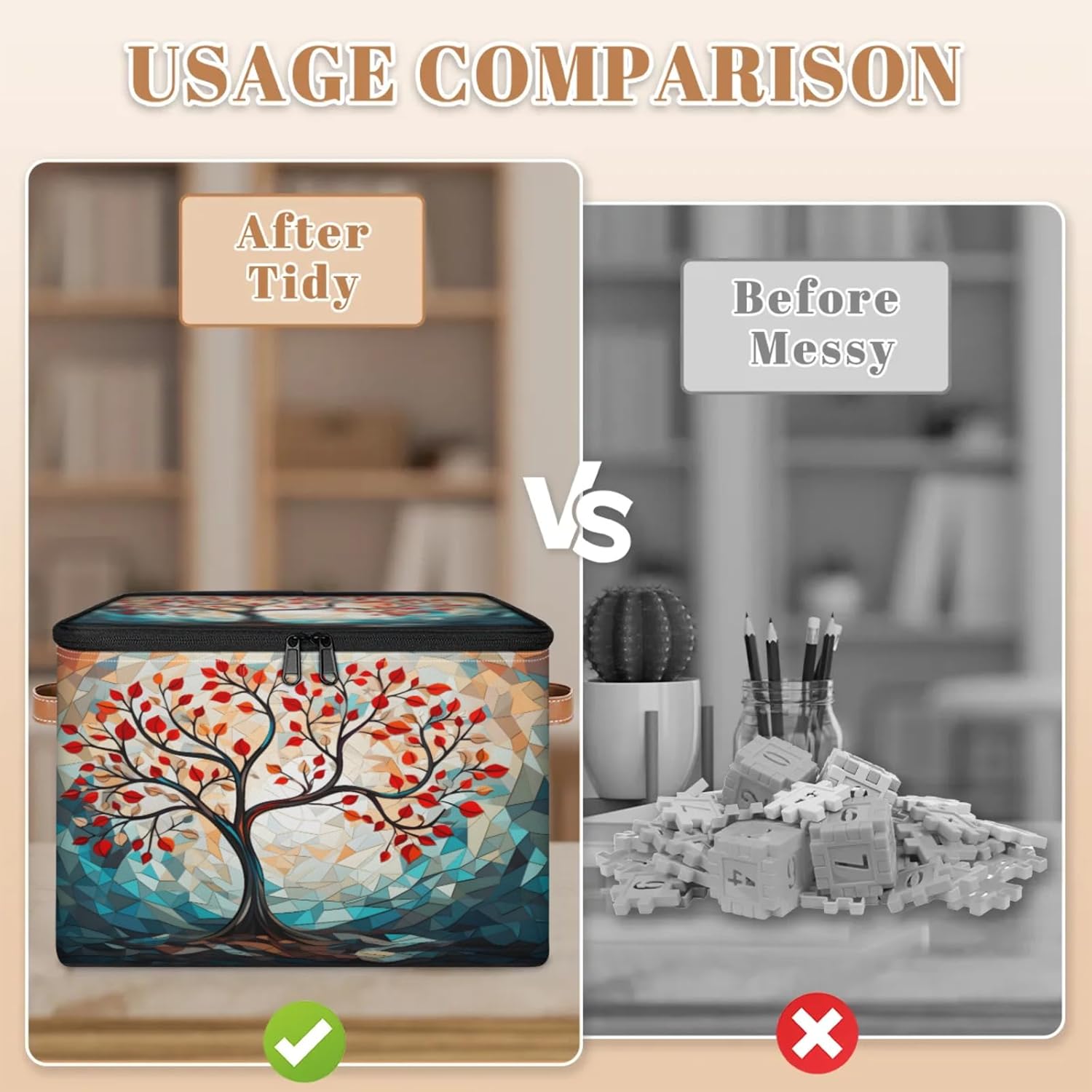 Storage Bin Set of 2 Abstract Tree Storage Basket with Zipper Lid & Handle Foldable Closet Shelf 2 Pack Cloth Organizer Basket Cube Bins Clothes Organizer for Nursery, Bedroom