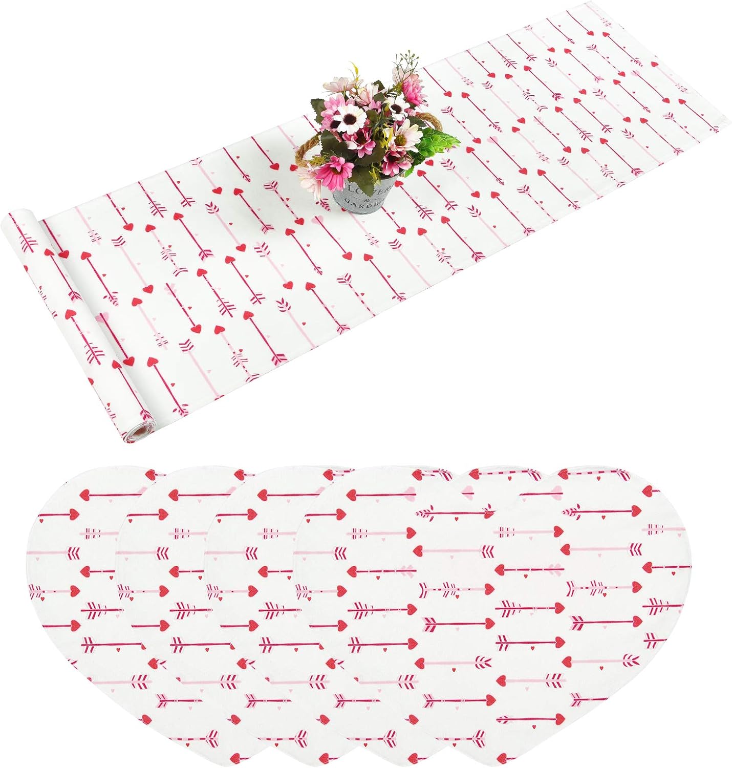 Alishomtll Valentine's Day Table Runner with 4 Placemats, Love Arrow Printed Table Runner Set, White Heart Shaped Table Mats Set for Valentine, Wedding Party, Gift, Decor