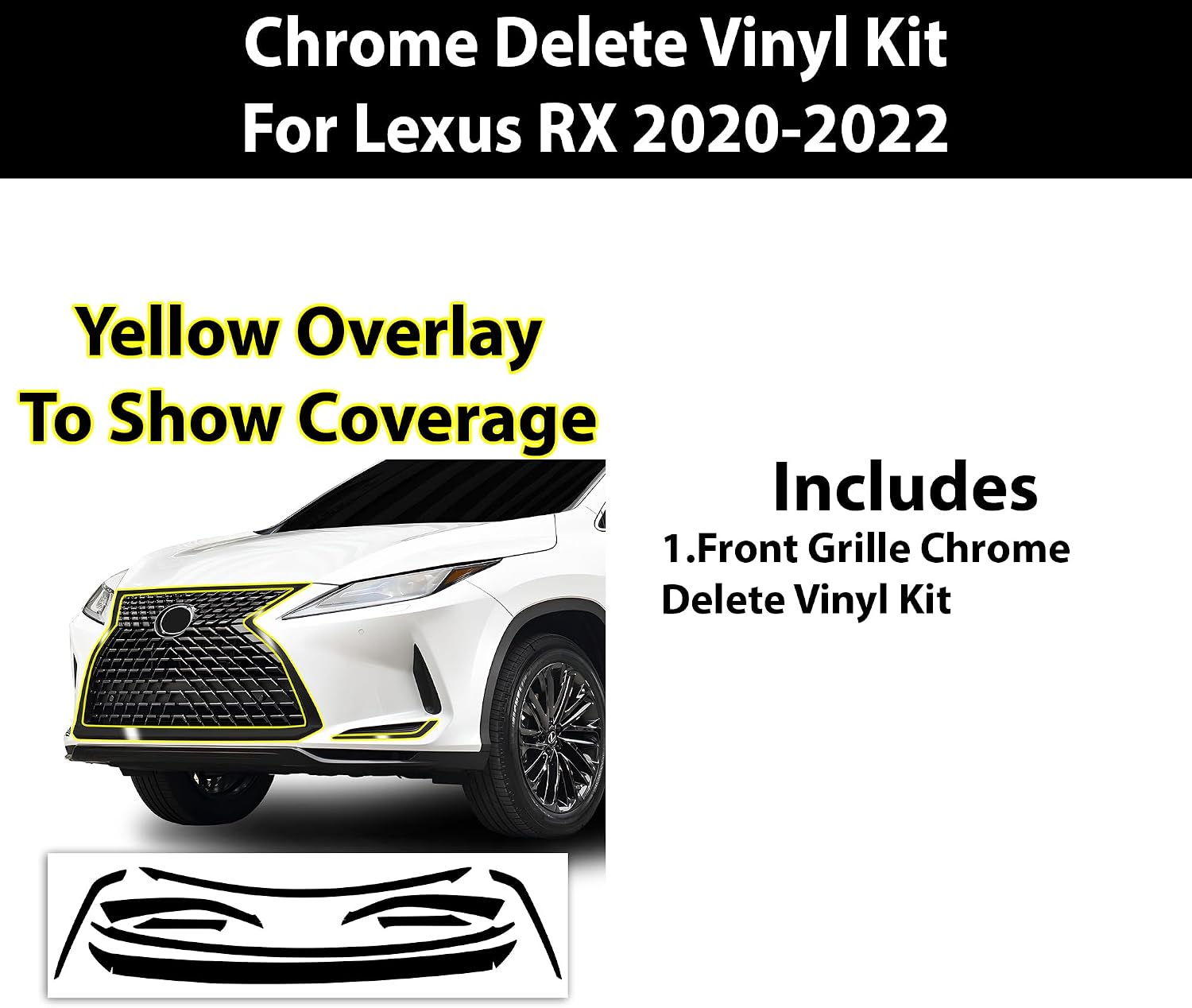 BOGAR TECH DESIGNS for Lexus RX 350 | 350h | 450h 2020-2022 Front Chrome Delete – Precut Vinyl Overlay Kit, Gloss Black Blackout Trim