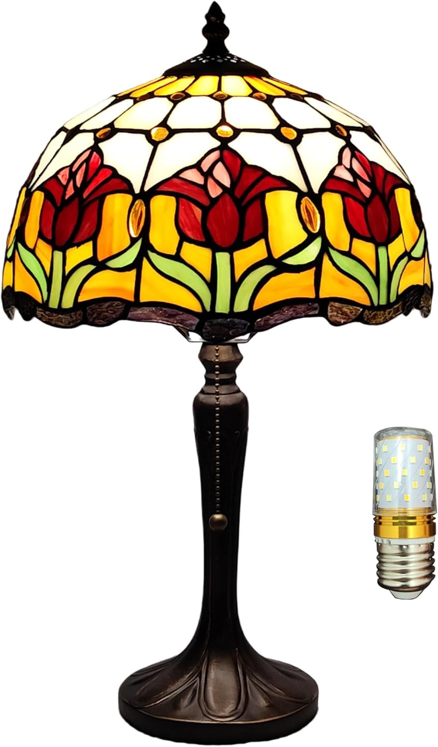 Tiffany Table Lamp Red Tulip Style Stained Glass Lamp 12 Inches Antique Desk Light for Home Office Bedroom Bedside Nightstand Living Room,Include LED Bulb