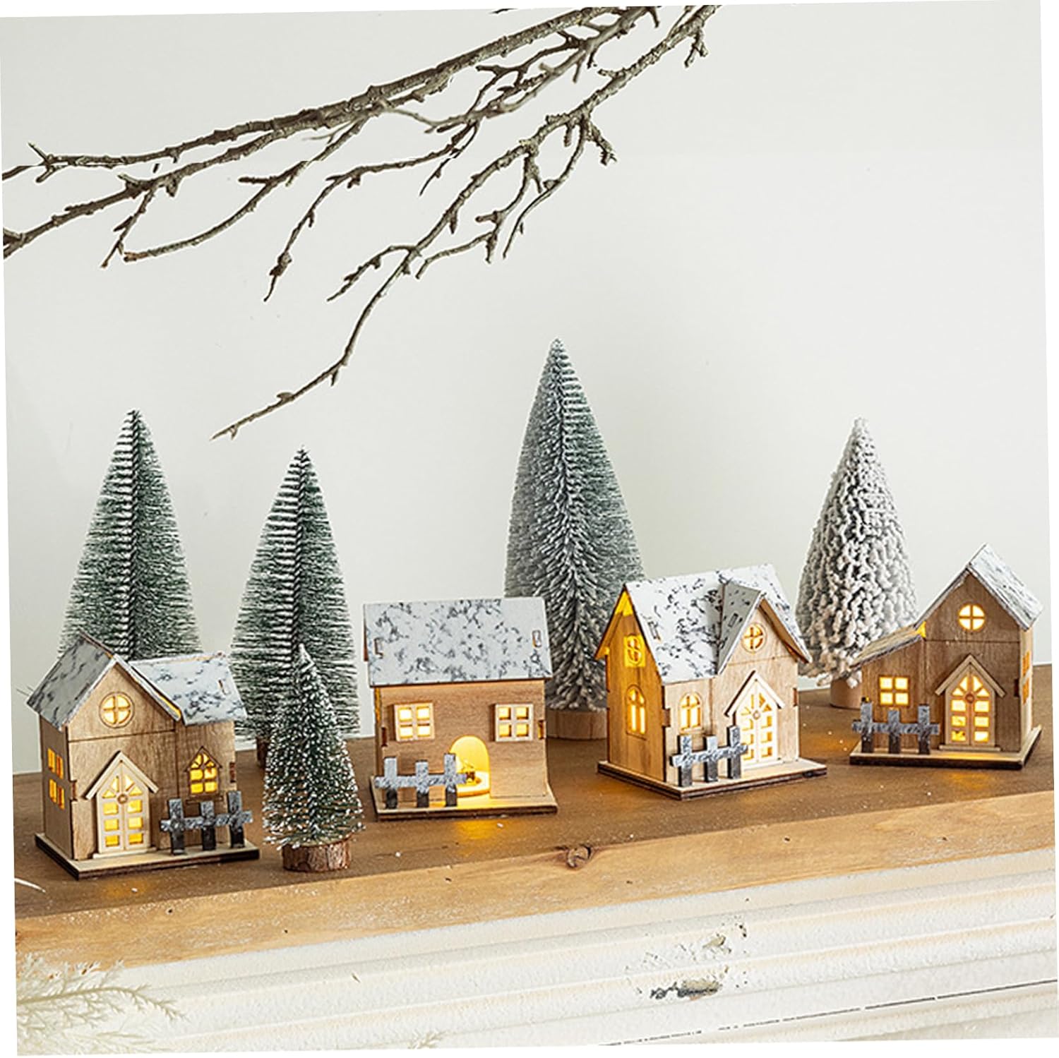 Christmas Village Houses 4PCS Light up Snowman Roof Christmas Houses with 8PCS Xmas Tree