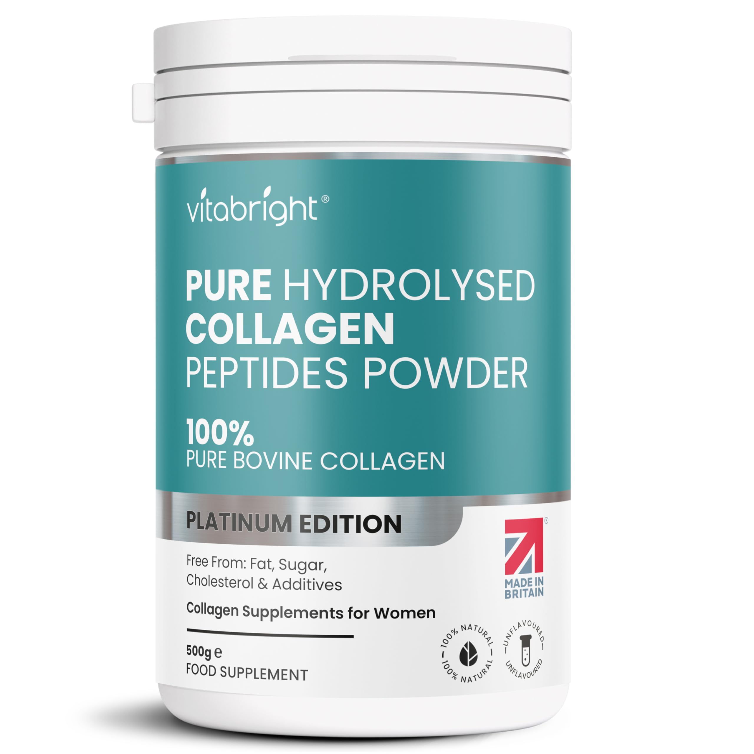 Bovine Collagen Powder 500g | 50 Servings | Highly Bioavailable Hydrolyzed Collagen Supplements for Women | Bovine Pure Peptides Powder High Strength Supplements for Women & Men | VitaBright