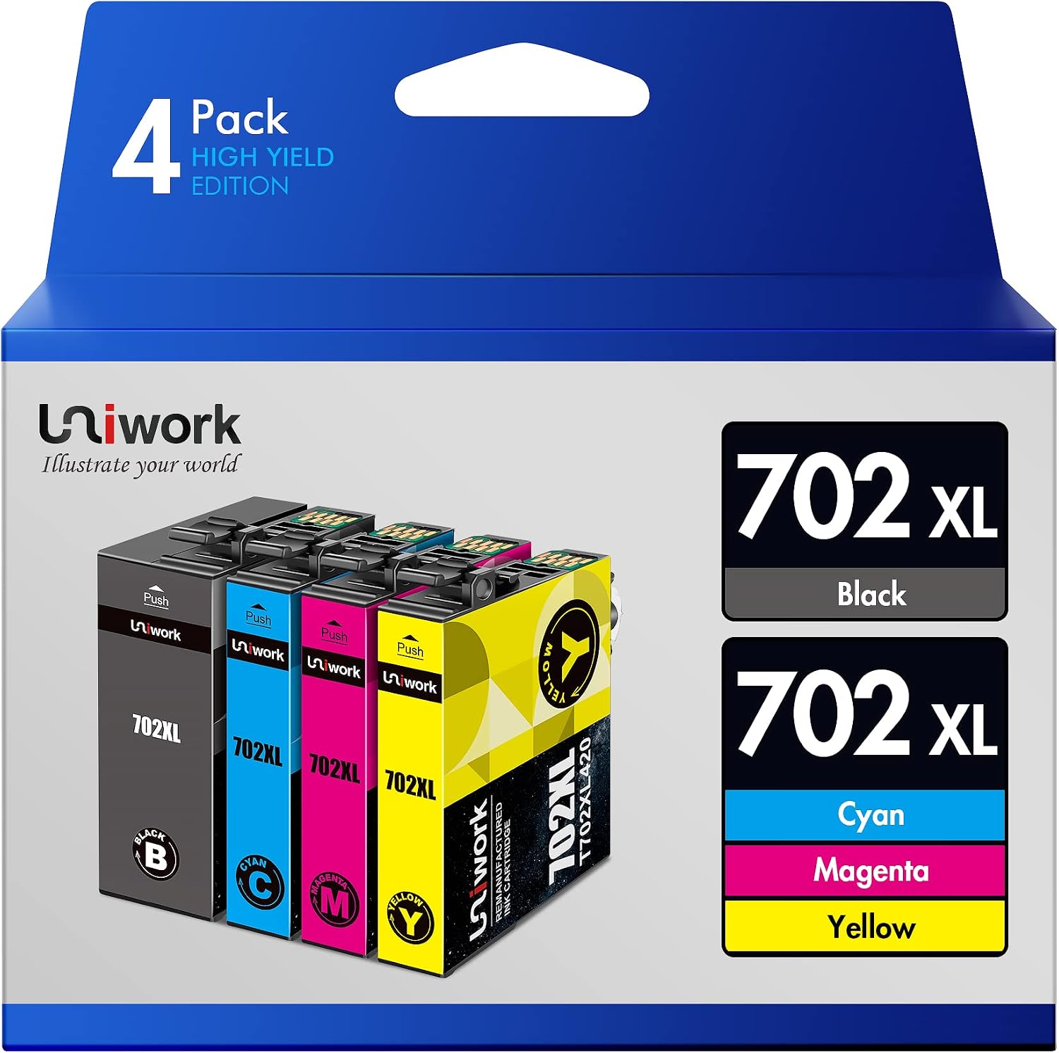 702XL 702 XL 702 Ink Cartridges - Uniwork Remanufactured Ink High Yield Replacement for Epson 702XL 702 702 XL T702XL use with Pro WF-3720 WF-3730 WF-3733 Printer (1 Black 1 Cyan 1 Magenta 1 Yellow)