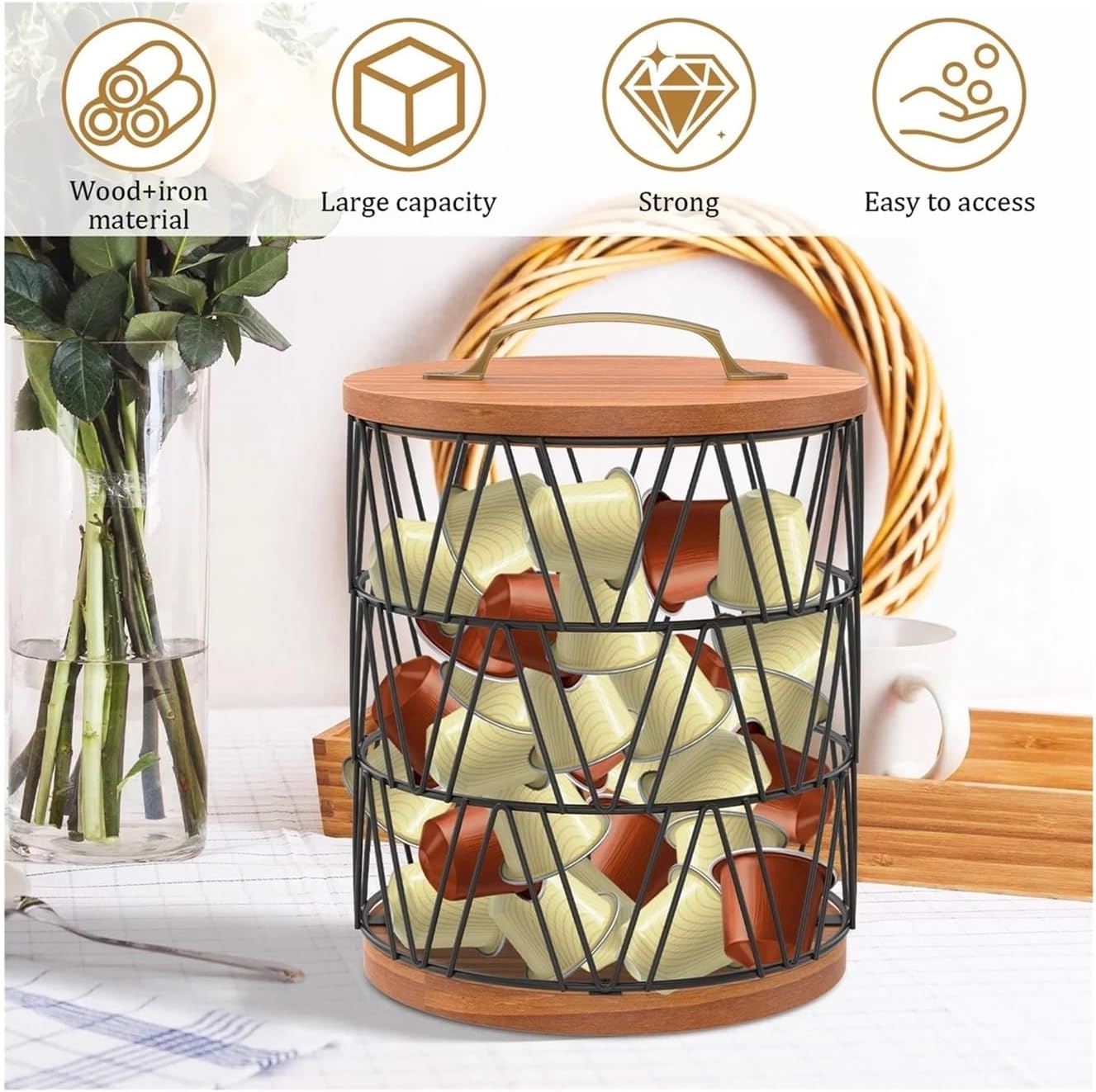 Coffee Capsule Holder Metal Coffee Pods Storage Basket With Wood Lid Base For Bar Counter Organizer Accessories(Gold)